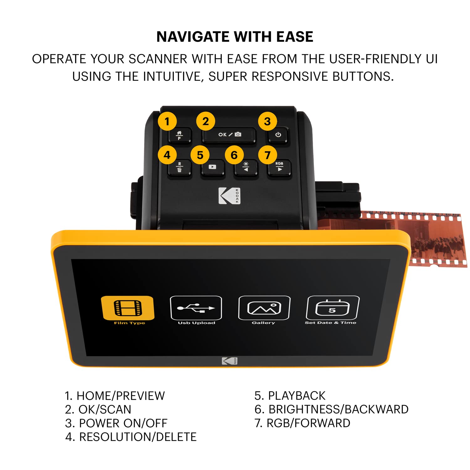 KODAK Slide N Scan Max Digital Film Scanner - Black/Yellow - Tiltable 7-Inch LCD with Gallery Mode & Photo Scanner Preview - Quick-Feed Tray for Slide Digitizer