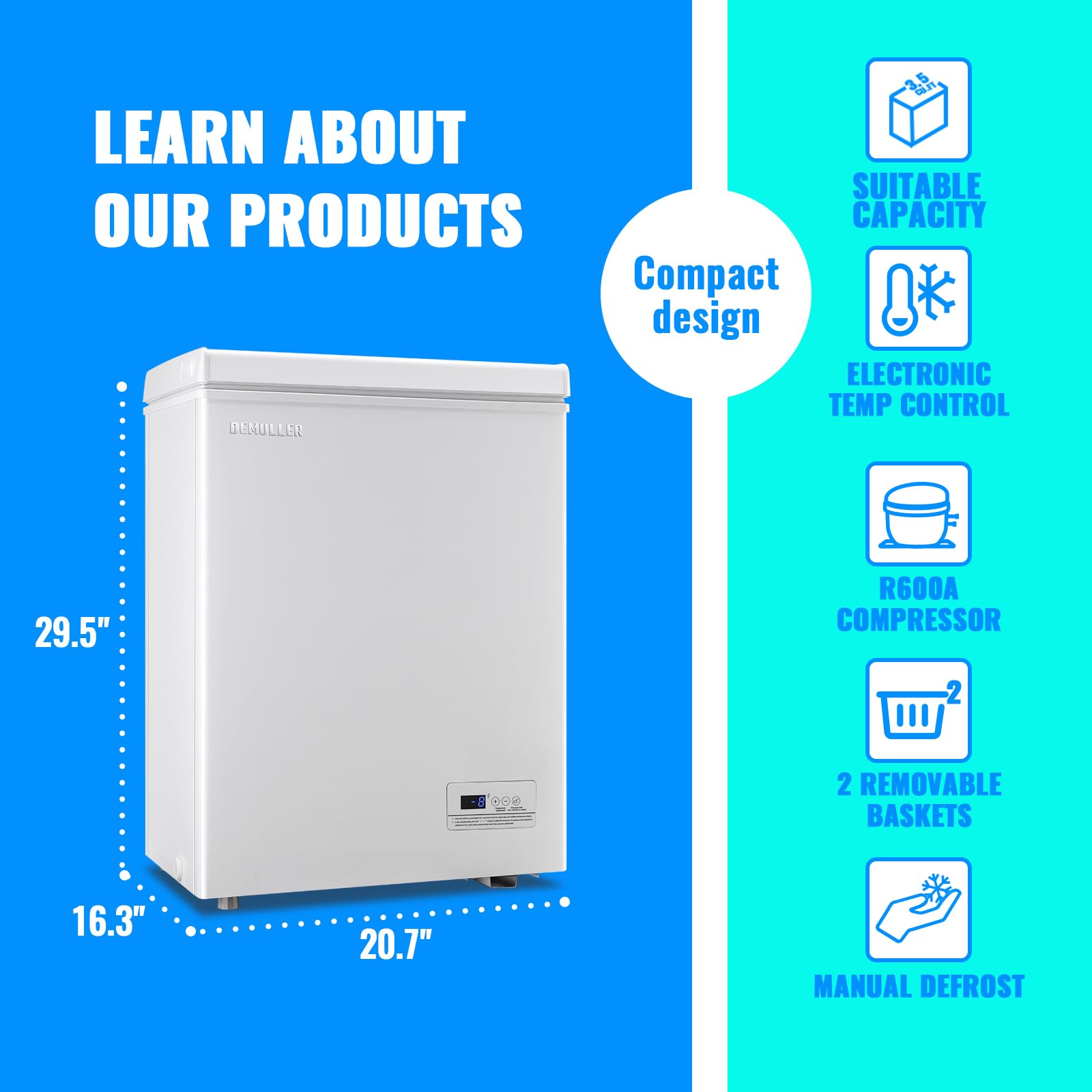 Mini Chest Freezer Compact Deep Freezing Machine with Electronic Temperature Control (Accurate to 1 ℉) Freestanding Small Freezer with 2 Removable Storage Baskets Black