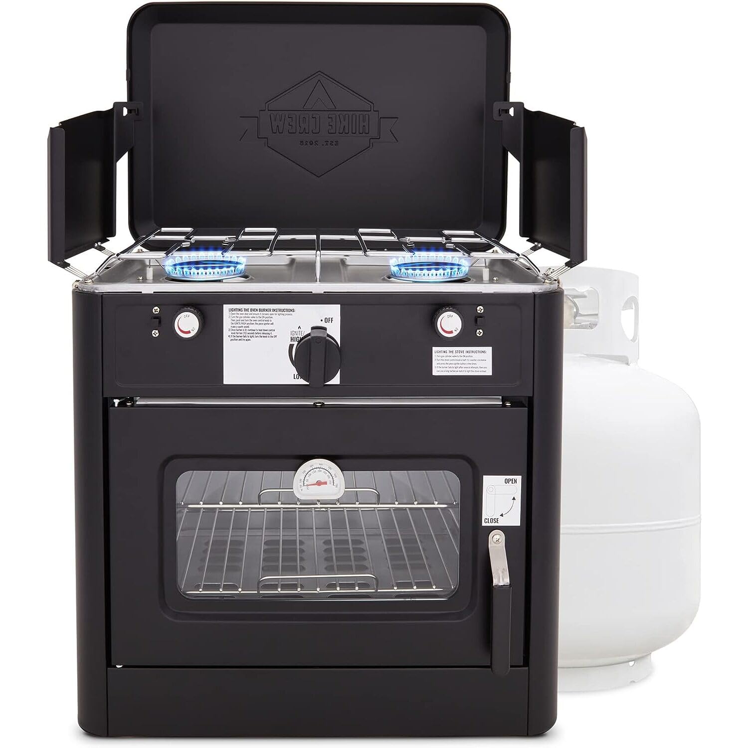 Hike Crew Outdoor Gas Camping Oven w/Carry Bag | CSA Approved Portable Propane-Powered 2-Burner Stove & Oven | Auto Ignition, Overheat Safety Shutoff, Built-In Thermometer | Hose & Regulator Included
