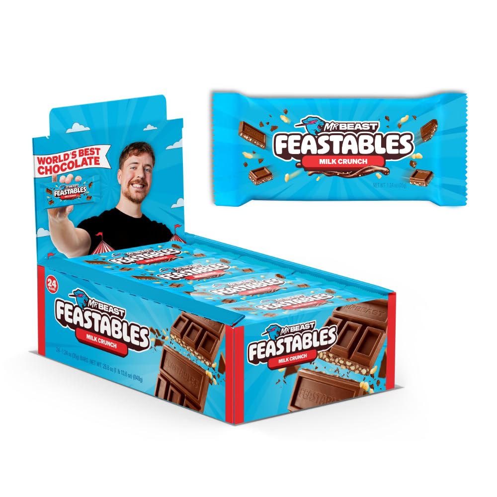 Feastables MrBeast Milk Chocolate Chocolate Bar, Full Size Bar for Adults & Kids, Candy Bars, Snacks, Gifts, or Dessert, Sweet & Creamy Fairtrade Cocoa, 1.24 Oz Each, 24 Count
