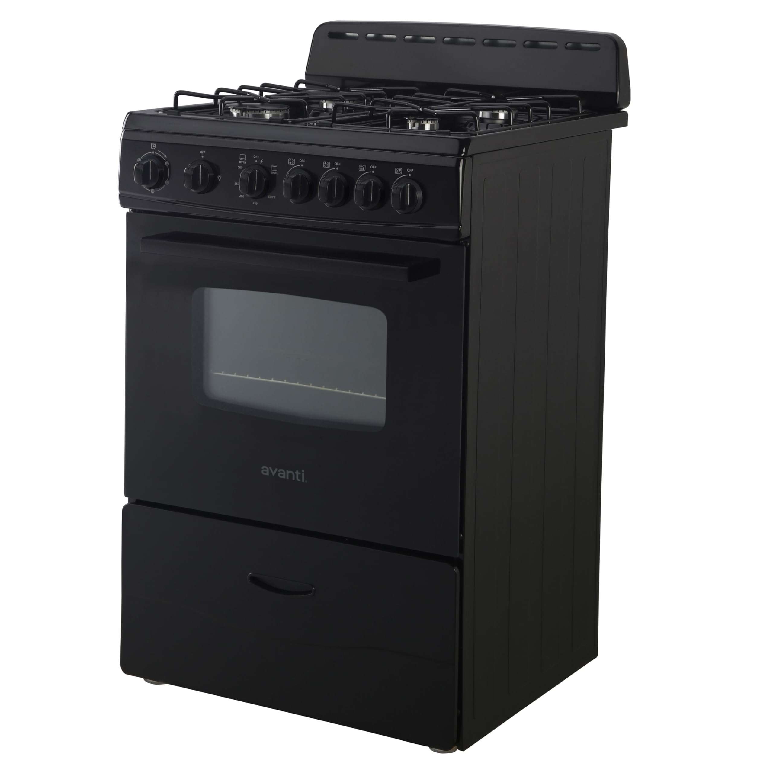 Avanti Compact Gas Range Oven 24-Inch with 4 Sealed Burners Automatic Electronic Ignition Large 2.6 cu.ft. Oven Storage Drawer Glass Door and Oven Light, in Stainless Steel