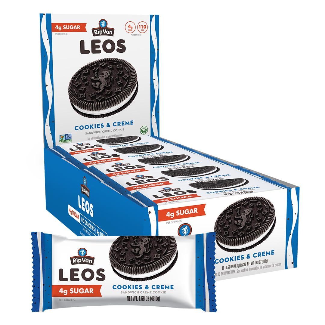 Rip Van LEOs - Golden Vanilla Sandwich Cookies - Low Sugar Snack Cookies - Low Carb Snack - Diabetic Snacks - 40 Low Sugar Cookies (10 Packs of 1.69oz)