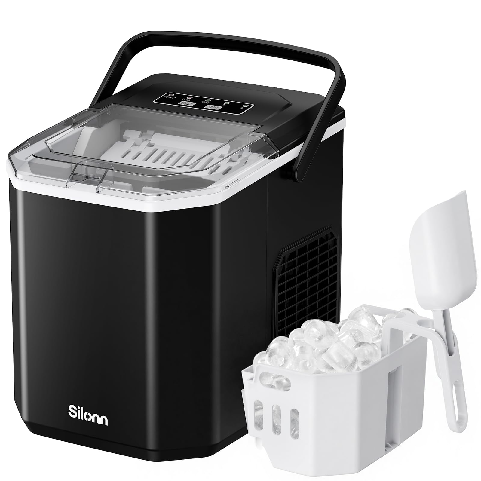 Silonn Ice Maker Countertop, Portable Ice Machine with Carry Handle, Self-Cleaning Ice Makers with Basket and Scoop, 9 Cubes in 6 Mins, 26 lbs per Day, Ideal for Home, Kitchen, Camping, RV