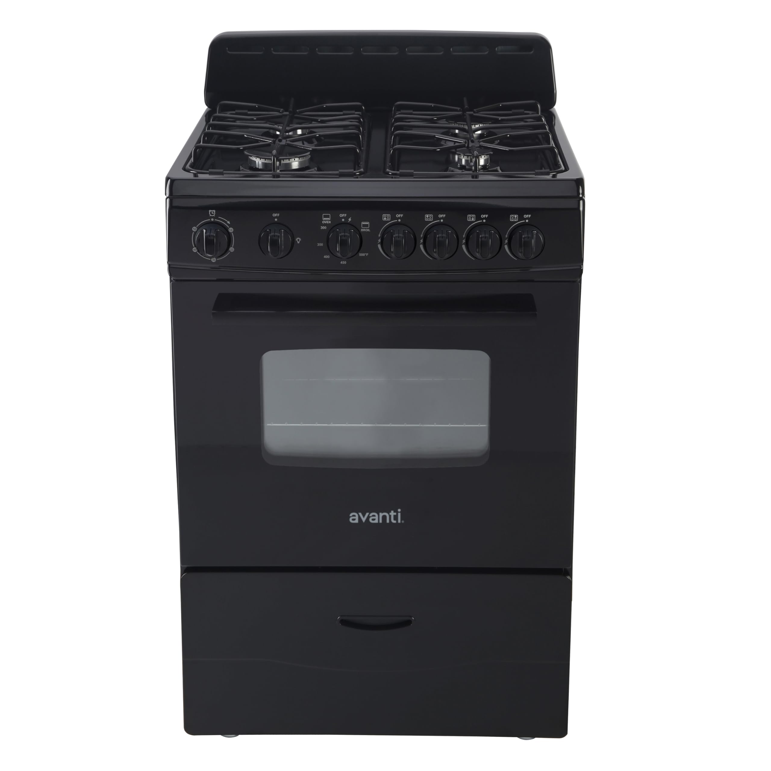 Avanti Compact Gas Range Oven 24-Inch with 4 Sealed Burners Automatic Electronic Ignition Large 2.6 cu.ft. Oven Storage Drawer Glass Door and Oven Light, in Stainless Steel