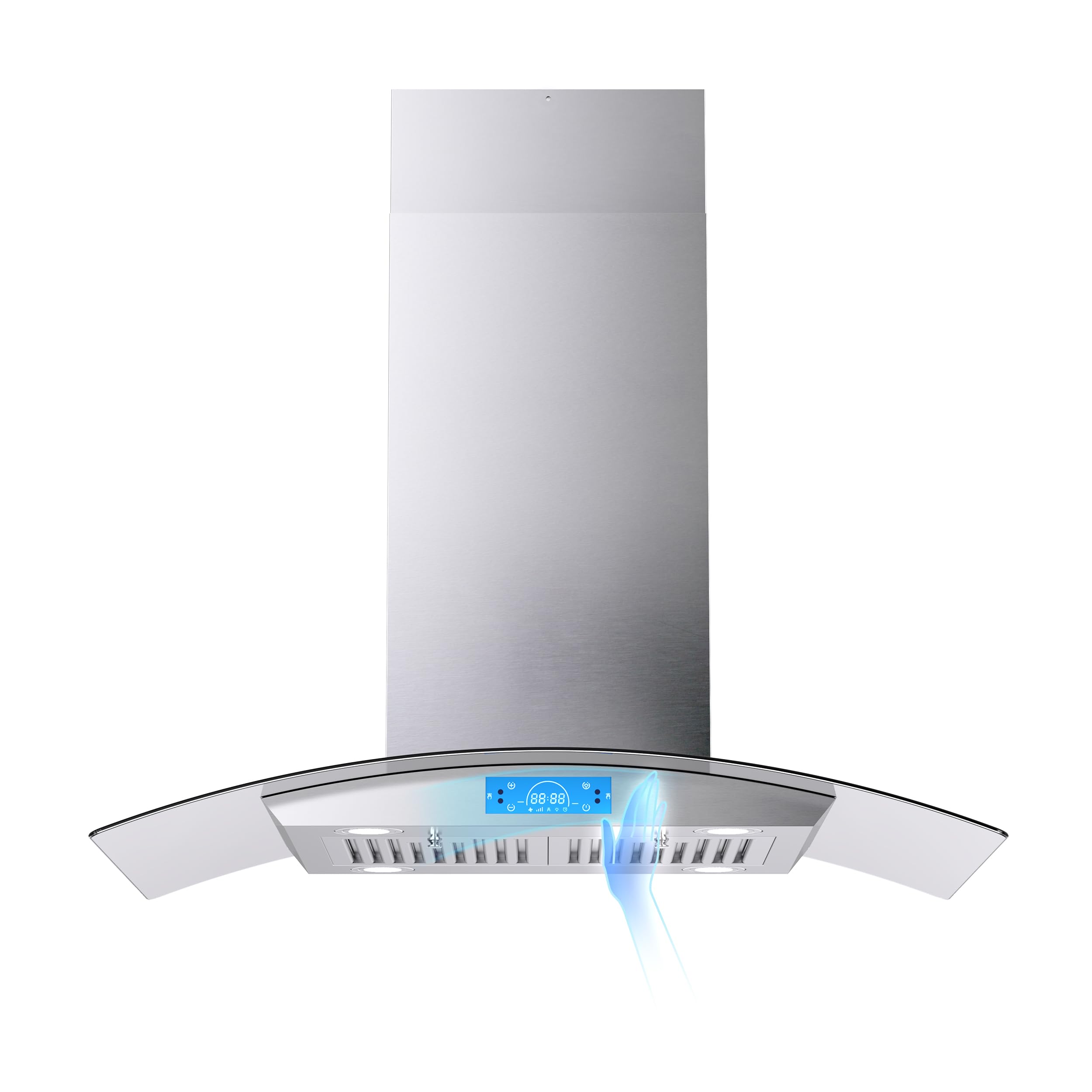 FIREGAS Island Range Hood 30 inch 700 CFM with Chimney, Ceiling Mount Kitchen Vent Hood with Tempered Glass, 4 LED Lights, Permanent Filters, Premium Touch Control Panel, Includes Charcoal Filter
