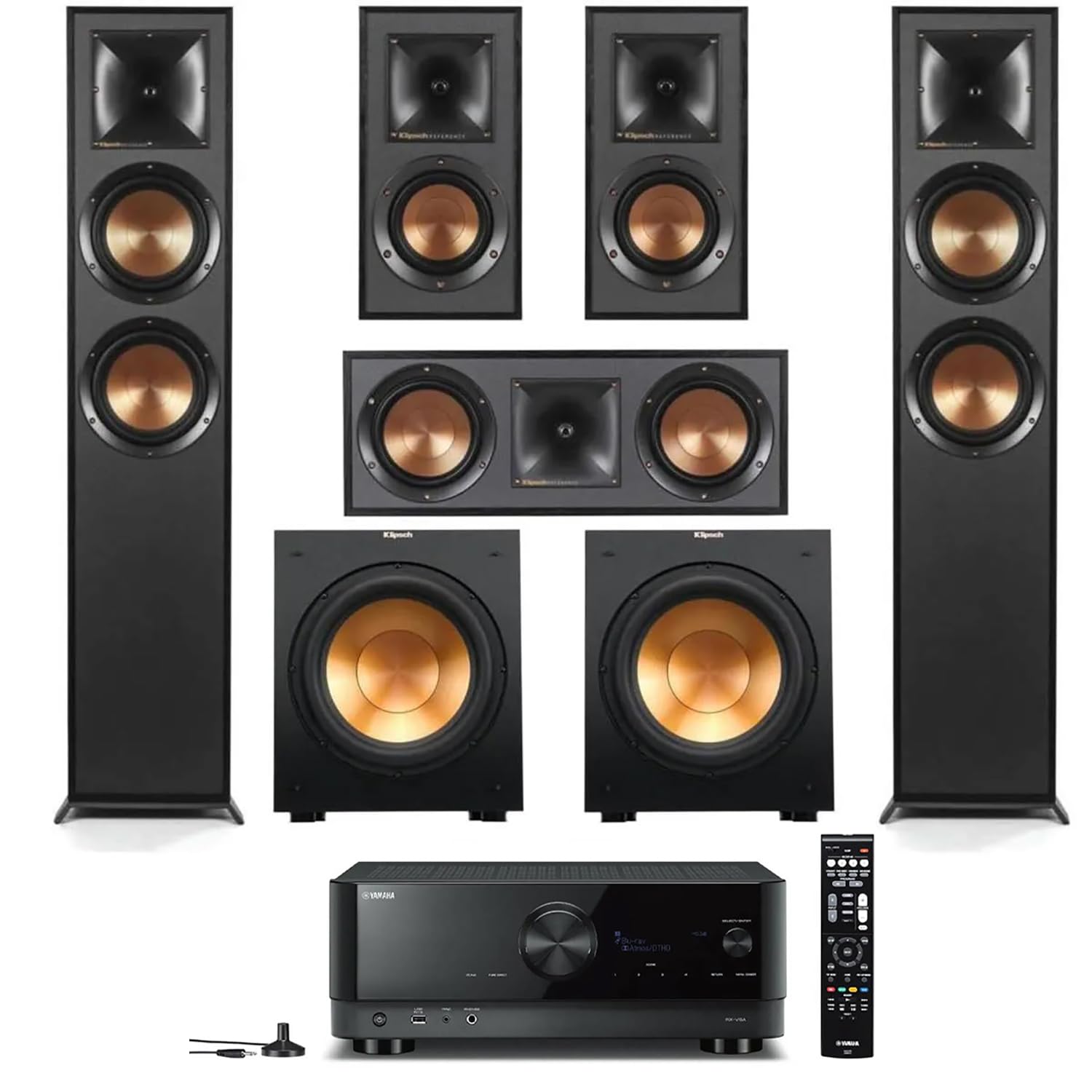 Klipsch Reference 5.1 Dolby Atmos Home Theater System with R-625FA Floorstanding Speakers, R-52C Center, R-41M Surrounds & R-12SW 12" Powered Subwoofer, Black (Speaker System + Subwoofer)