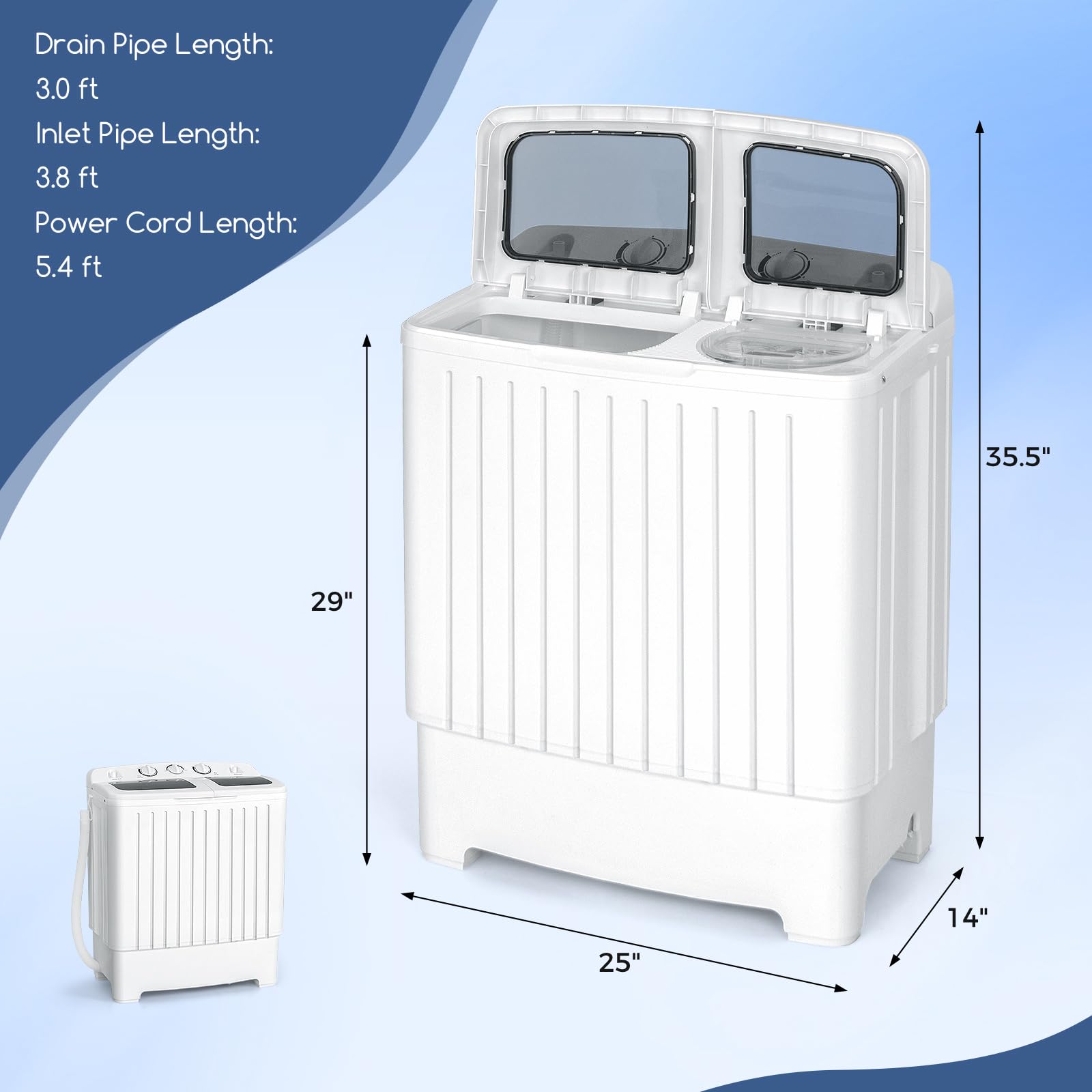Giantex Portable Mini Compact Twin Tub Washing Machine 20lbs Washer Spain Spinner Portable Washing Machine, Blue+ White