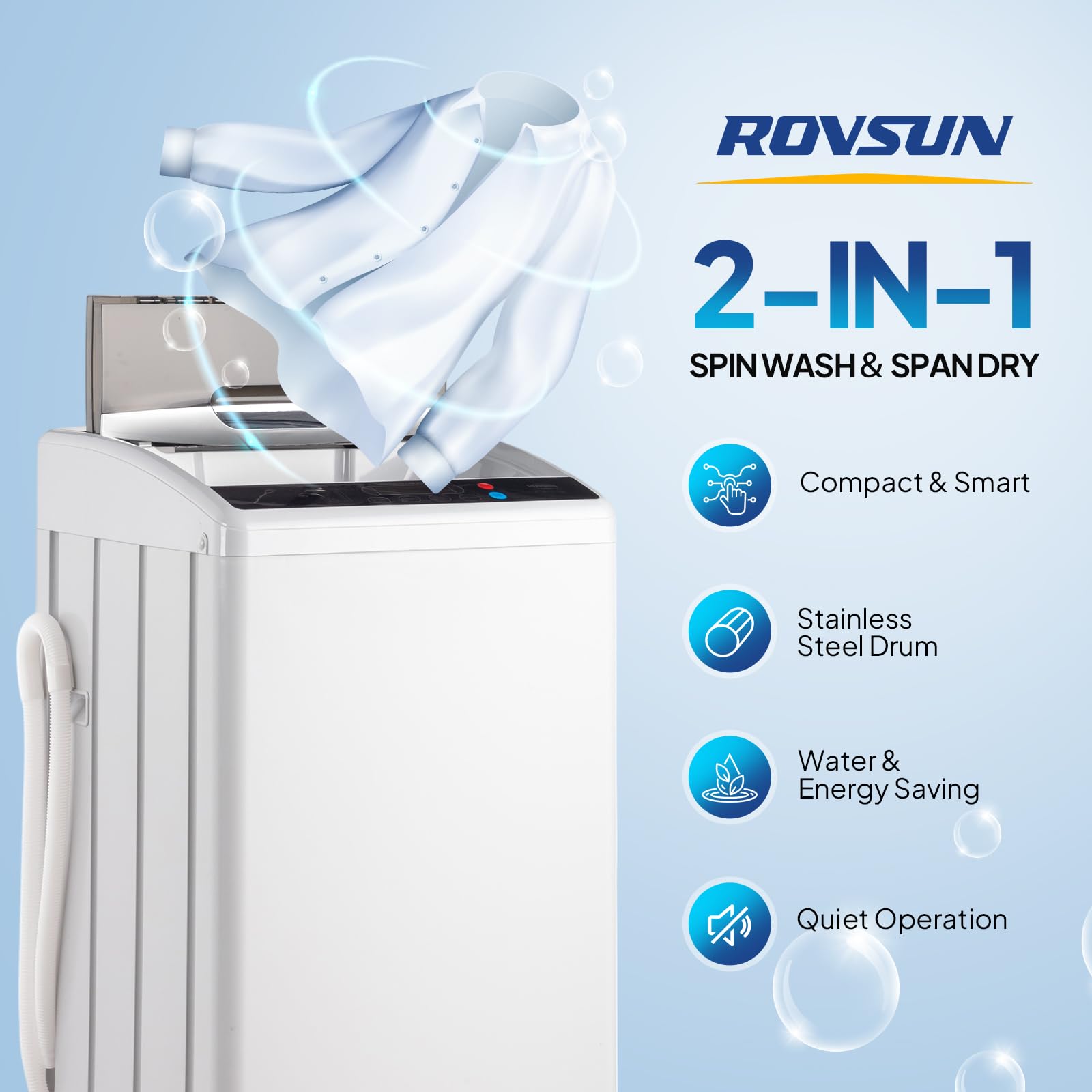 ROVSUN 17.8LBS Portable Washing Machine, Full-Automatic Electric Laundry Machine with Stainless Steel Drum, Compact Washer and Spin Dryer Combo with Drain Pump for Apartment, Dorm, Home
