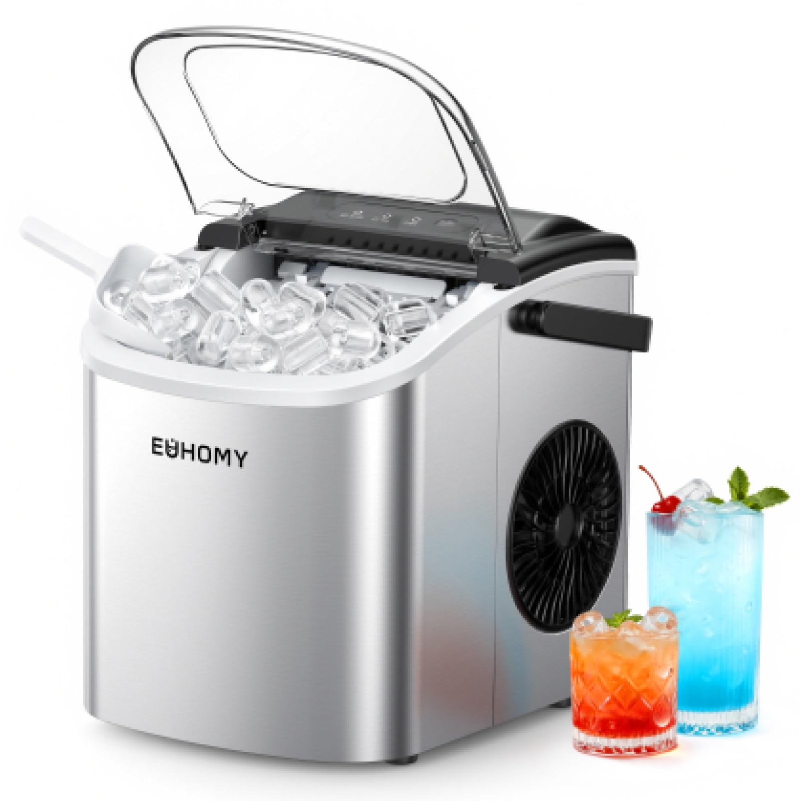 EUHOMY Countertop Ice Maker Machine with Handle, 26lbs in 24Hrs, 9 Ice Cubes Ready in 6 Mins, Auto-Cleaning Portable Ice Maker with Basket and Scoop, for Home/Kitchen/Camping/RV. (Black)