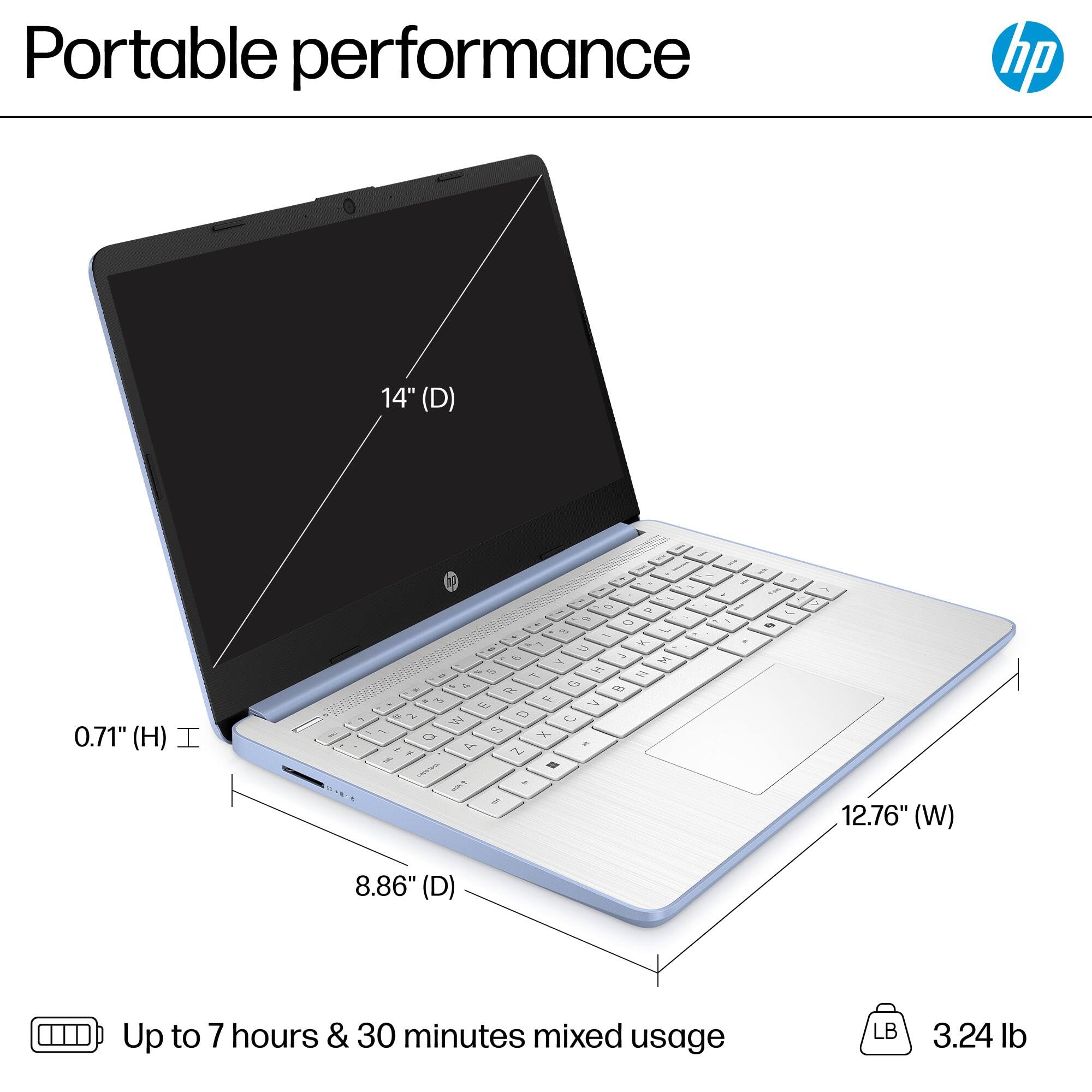 HP Laptop Computer for Students, 2026 Edition AI PC, 1 Year Office 365, Intel Processor, 16GB RAM, 128GB UFS, Long Battery Life, Webcam, WiFi 6, Type-c HUB Included, Windows 11 Home S, Sky Blue