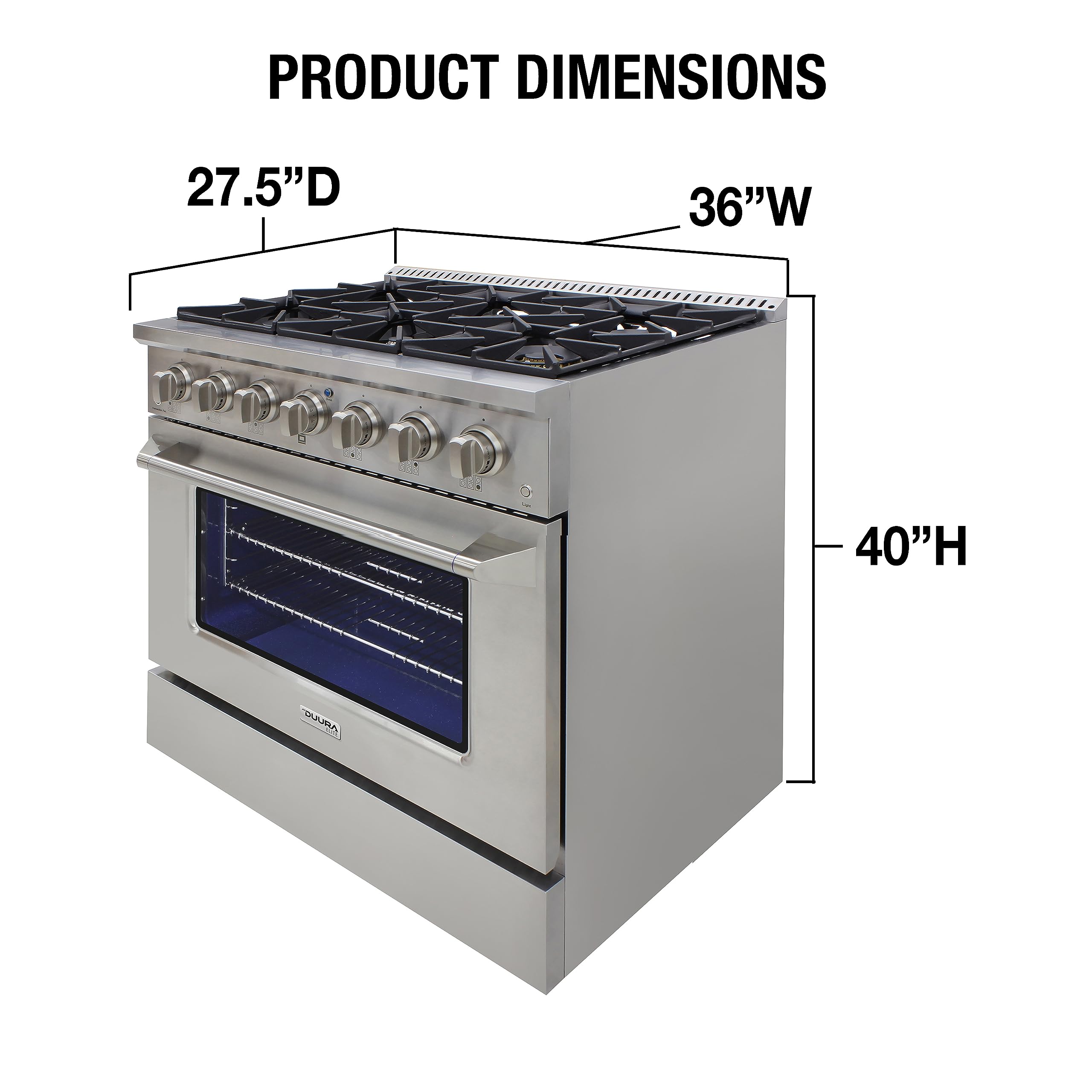DUURA Elite Gas Range Cooktop, 48-Inch with Double Porcelain Convection Oven and Broil Function, 8 Sealed Burners Continuous Grates with Stainless Steel Construction, 6.7-Cu.Ft, Metallic