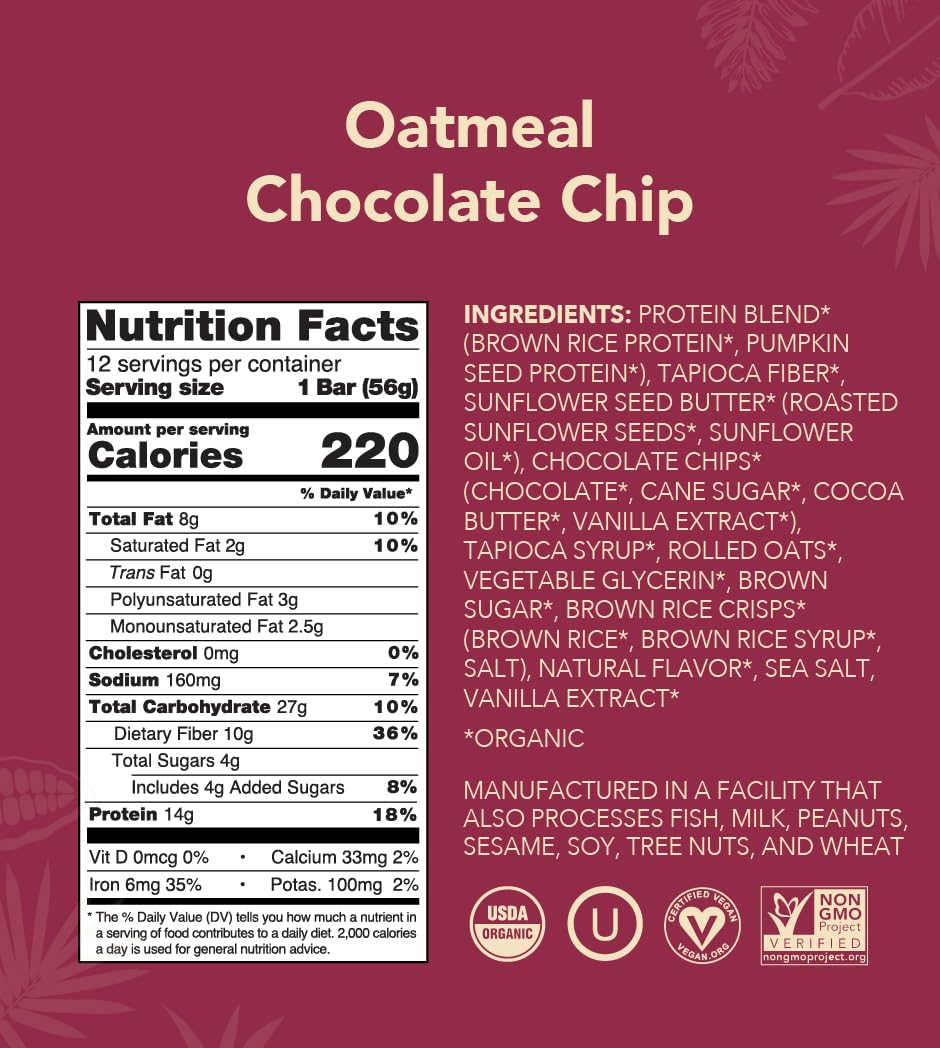 ALOHA Organic Plant Based Protein Bars |Peanut Butter Chocolate Chip | 1.98 Oz (Pack of 12) | Vegan, Low Sugar, Gluten Free, Paleo, Low Carb, Non-GMO, Stevia Free, Soy Free, No Sugar Alcohols