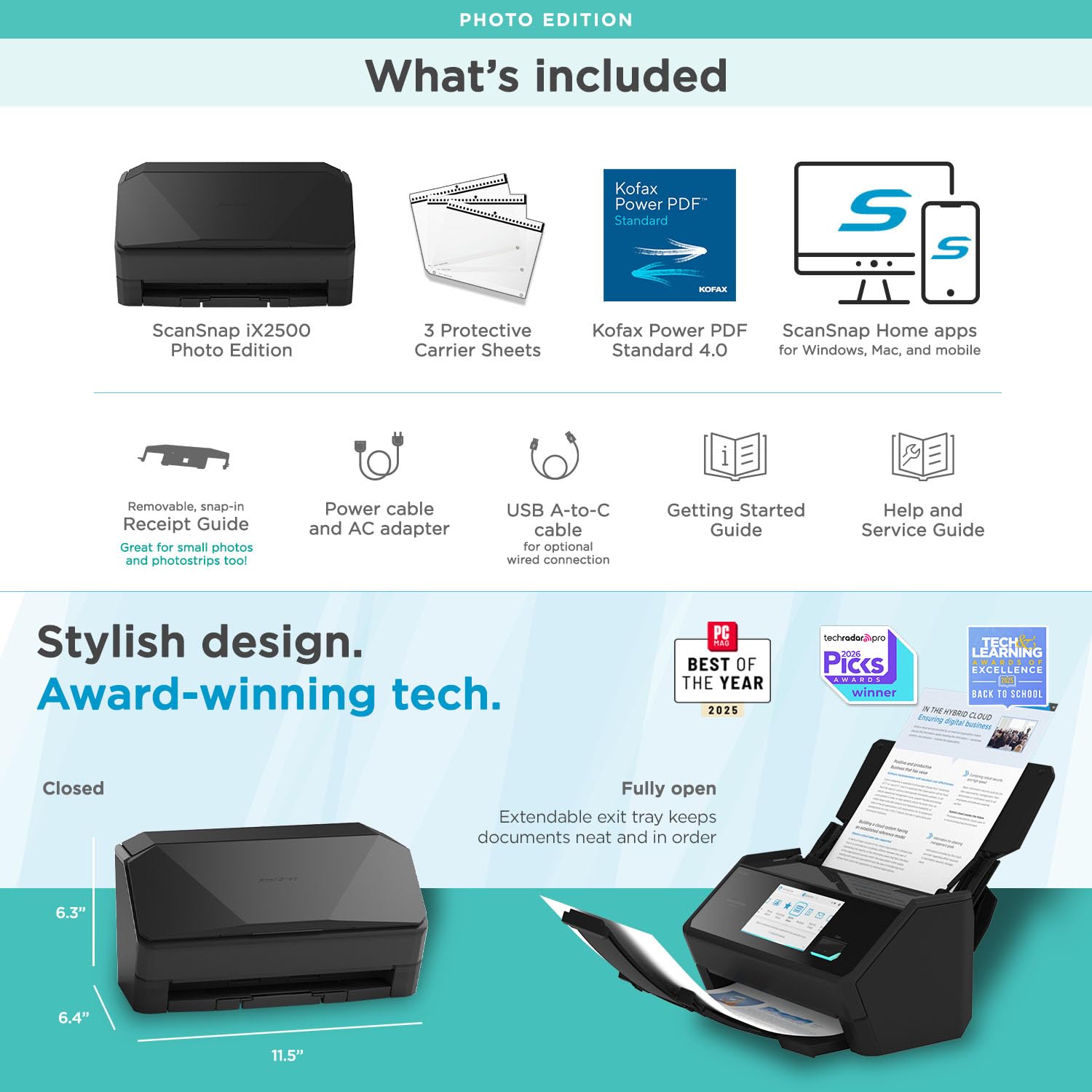 ScanSnap iX2500 Wireless or USB High-Speed Cloud Enabled Document, Photo & Receipt Scanner with Large 5" Touchscreen and 100 Page Auto Document Feeder for Mac or PC, Black