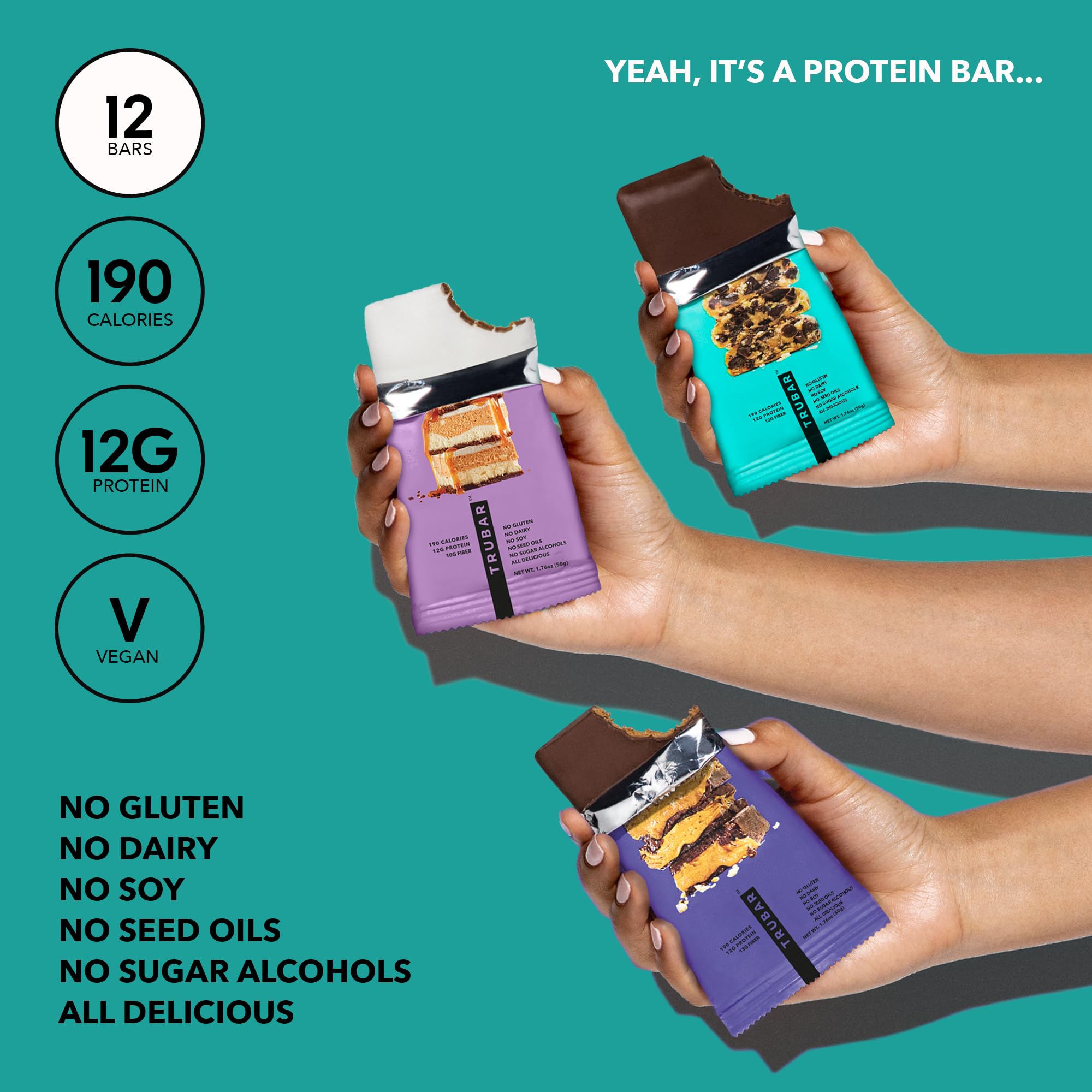 TRUBAR Vegan Protein Bars - Soy Free, Dairy Free, Gluten Free Protein Bars - No Sugar Alcohols - Non-GMO - 12g of Protein - It's Mint To Be Chip - 12 Count
