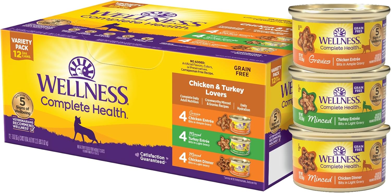 Wellness Complete Health Pate Adult Wet Cat Food, Natural, Protein-Rich, Grain-Free, 3 Ounce, 24 Pack, (Chicken & Turkey Variety Pack)