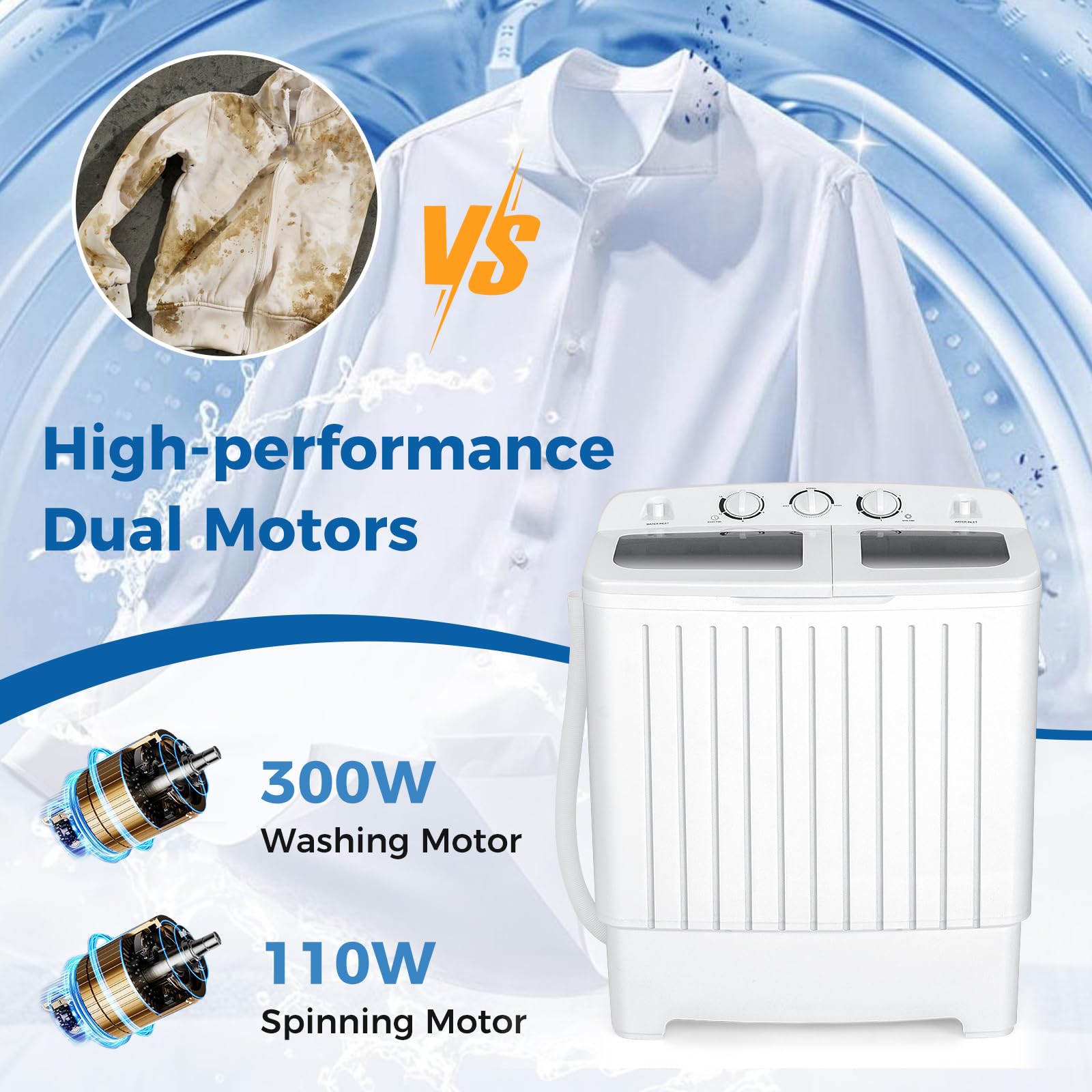 COSTWAY Portable Washing Machine, Twin Tub 20 Lbs Capacity, Compact Laundry Washer(12 Lbs) and Spinner(8 Lbs), Durable Design, Timer Control, Perfect for RV, Apartments and Dorms, Blue+White