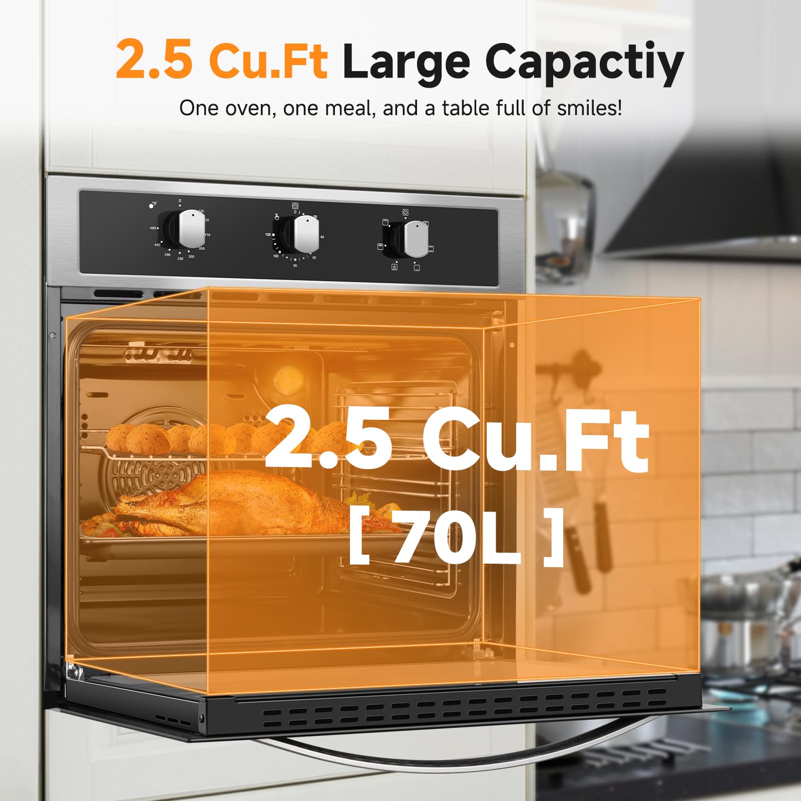 24" Single Wall Oven for Kitchen: 2200W Built-in Electric Wall Oven with Mechanical Knobs Control, 2.65 Cu.ft. Stainless Steel Wall Oven with 5 Cooking Modes, 360° ROTATING ROTISSERIE, Timer