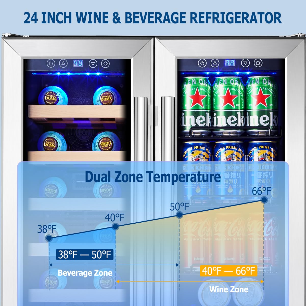 Kalamera 24 inch Wine Cooler, 37 Bottle - Dual Zone Built-in or Freestanding Fridge with Stainless Steel Reversible Glass Door, for Home, Kitchen or Office