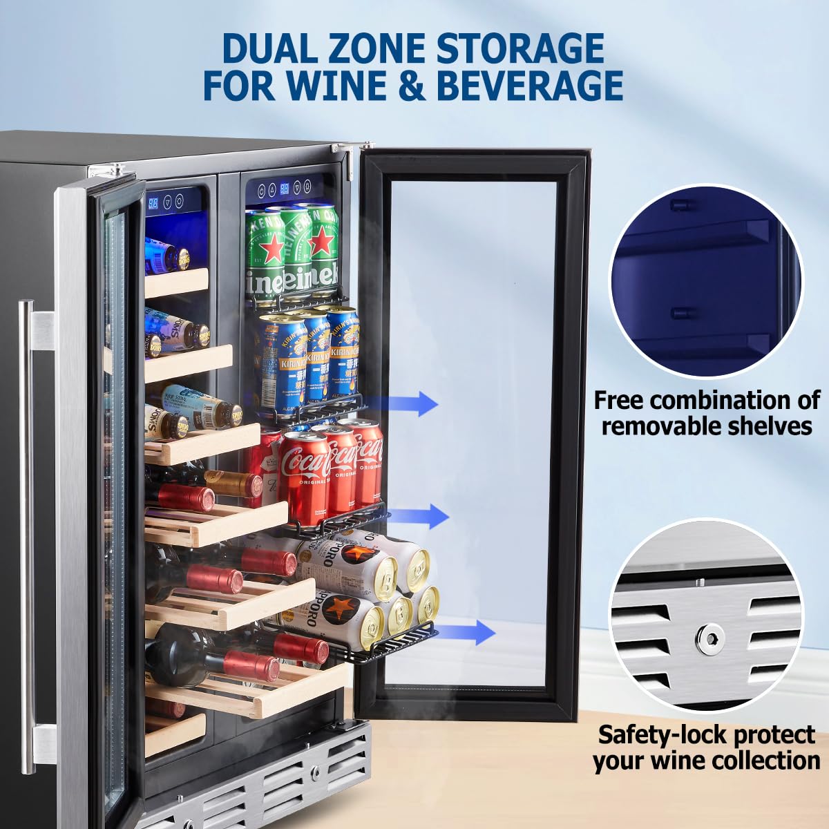Kalamera 24 inch Wine Cooler, 37 Bottle - Dual Zone Built-in or Freestanding Fridge with Stainless Steel Reversible Glass Door, for Home, Kitchen or Office
