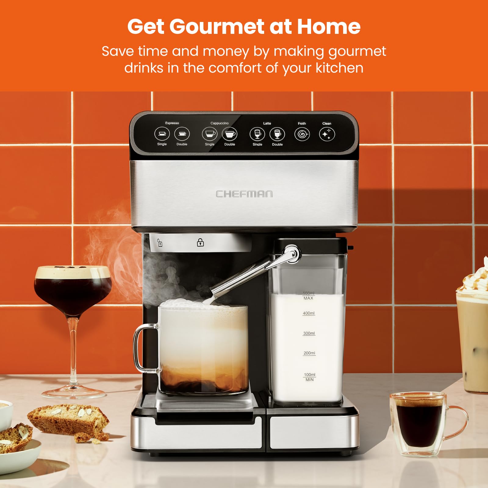 Chefman Crema Deluxe Espresso Machine with Double Boiler, Use Milk Frother and Brew Espresso Simultaneously, Professional Coffee Maker with Coffee Grinder and Steam Wand, 30 Grind Settings