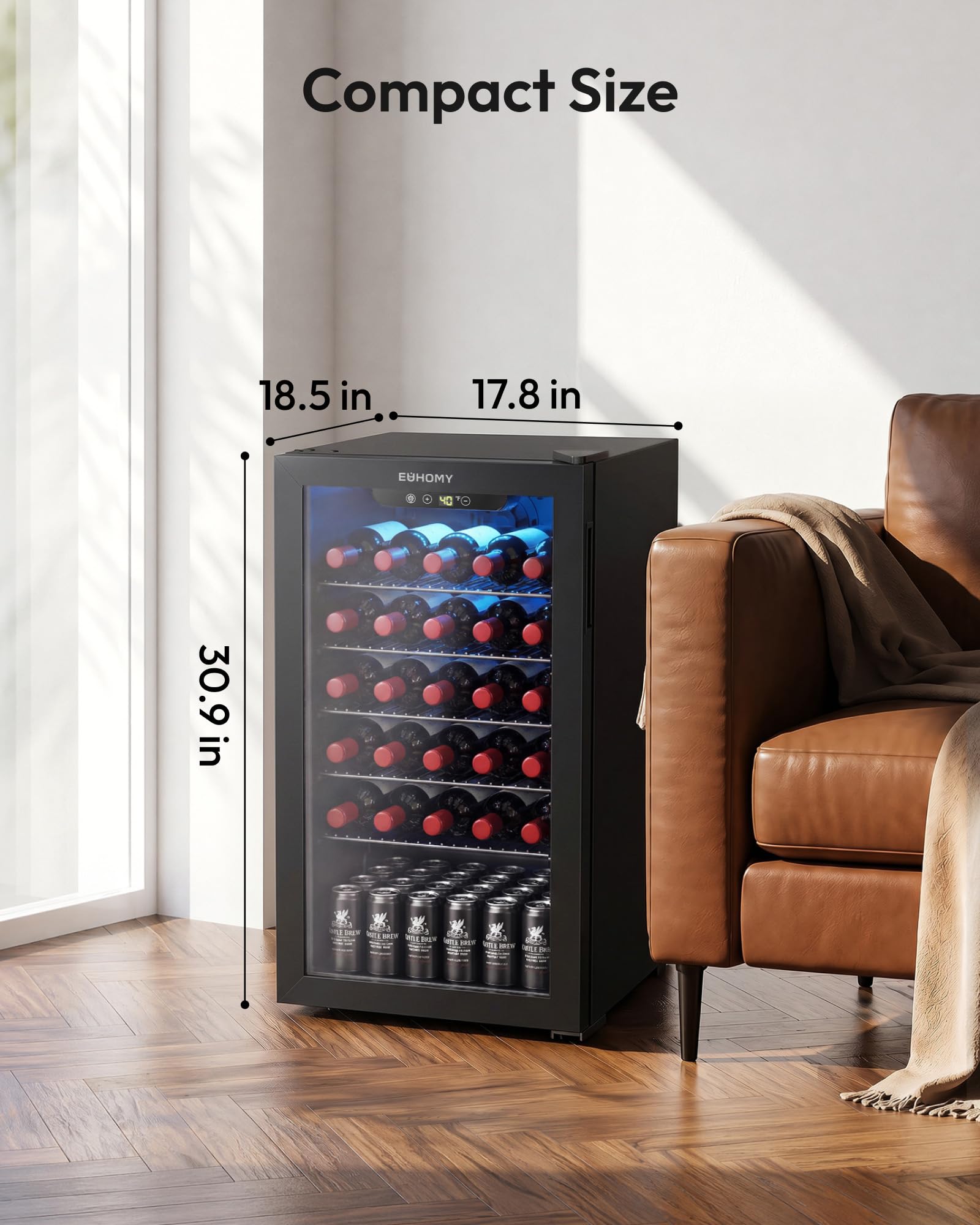 EUHOMY 25 bottle Wine Cooler Refrigerator, Freestanding Compressor Wine Fridge with Adjustable Temperature and Digital Control, Mini Fridge with Glass Door for Red White Wine, Beer, Black