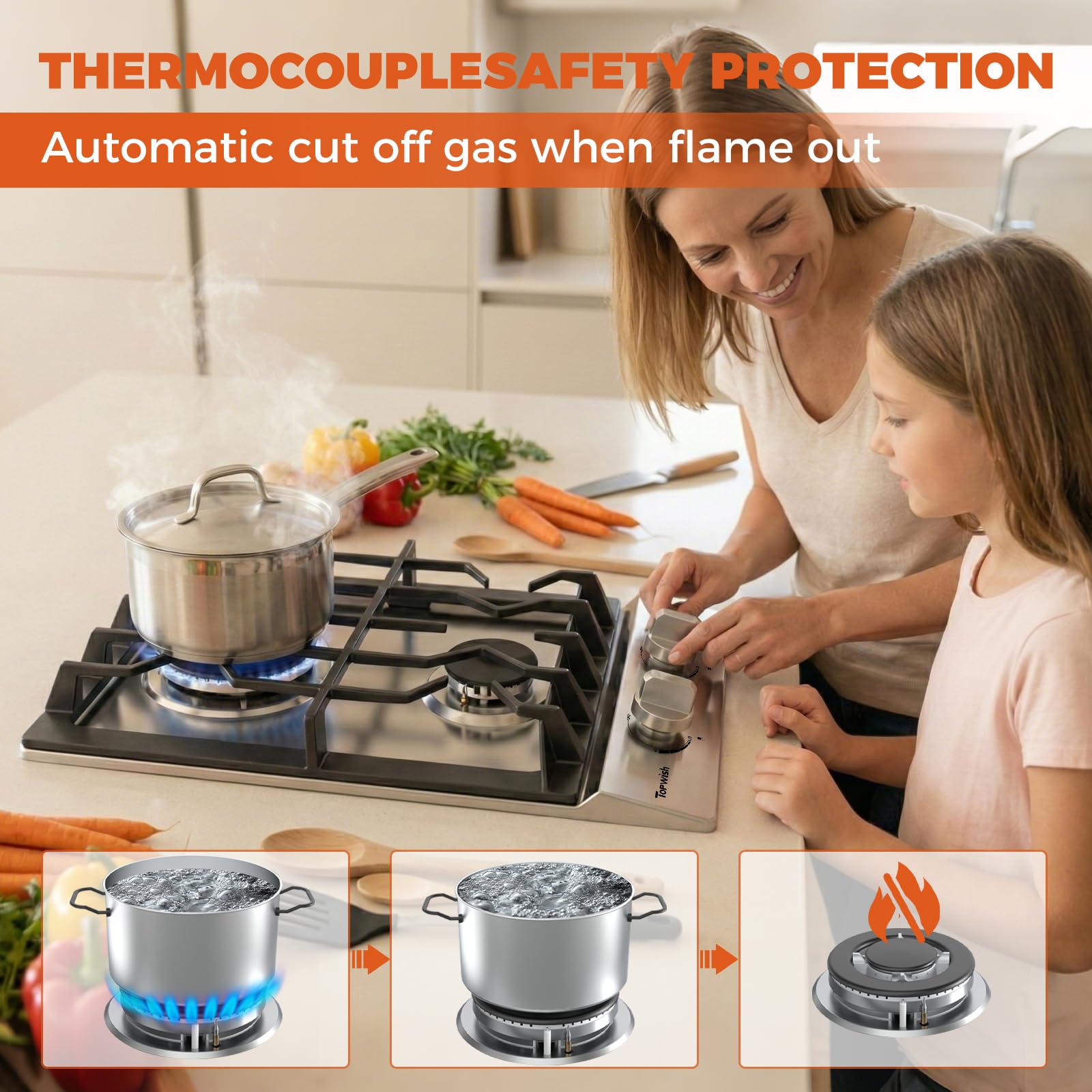 TOPWISH 24 Inch Gas Cooktop, Propane Stove Top with 4 Burners 27,400 BTU, NG/LPG Convertible Built-in Stainless Steel Stovetop with Thermocouple Protection for Kitchen, Apartments, RV