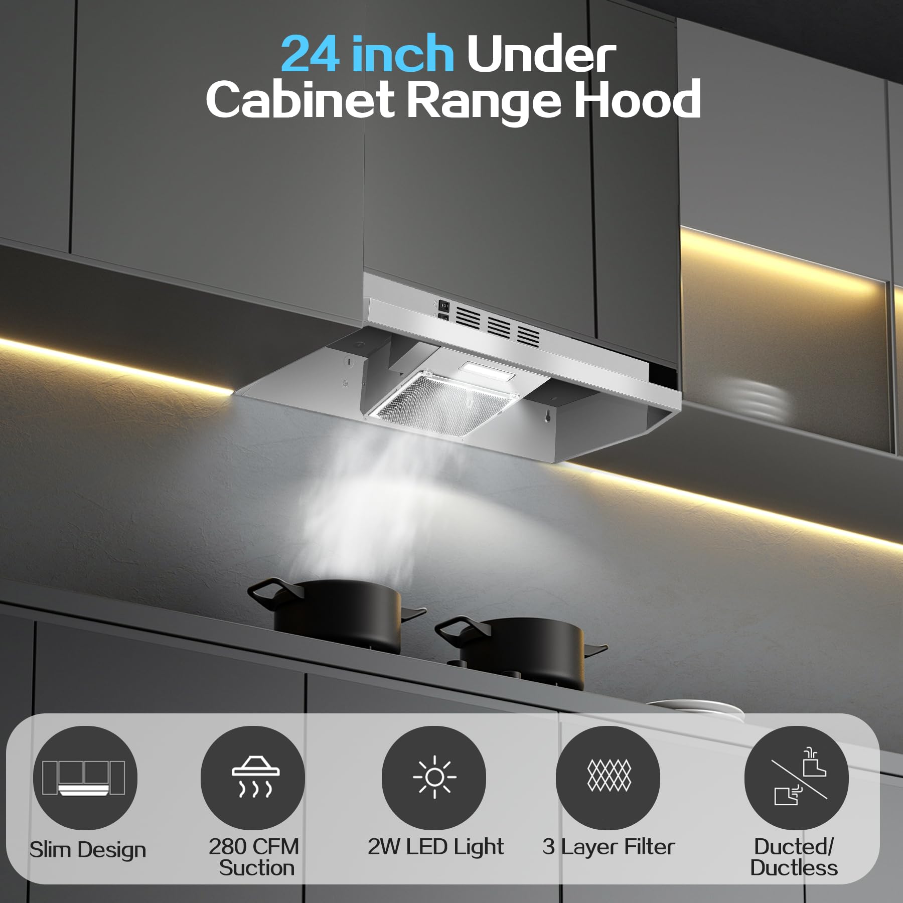 Range Hood 30 inch Under Cabinet, Stainless Steel Kitchen Vent Hood 280CFM, Built-in Kitchen Stove Hood w/Rocker Button Control, Ducted/Ductless Convertible Duct, 2 Speeds Fan, Bright LED Light
