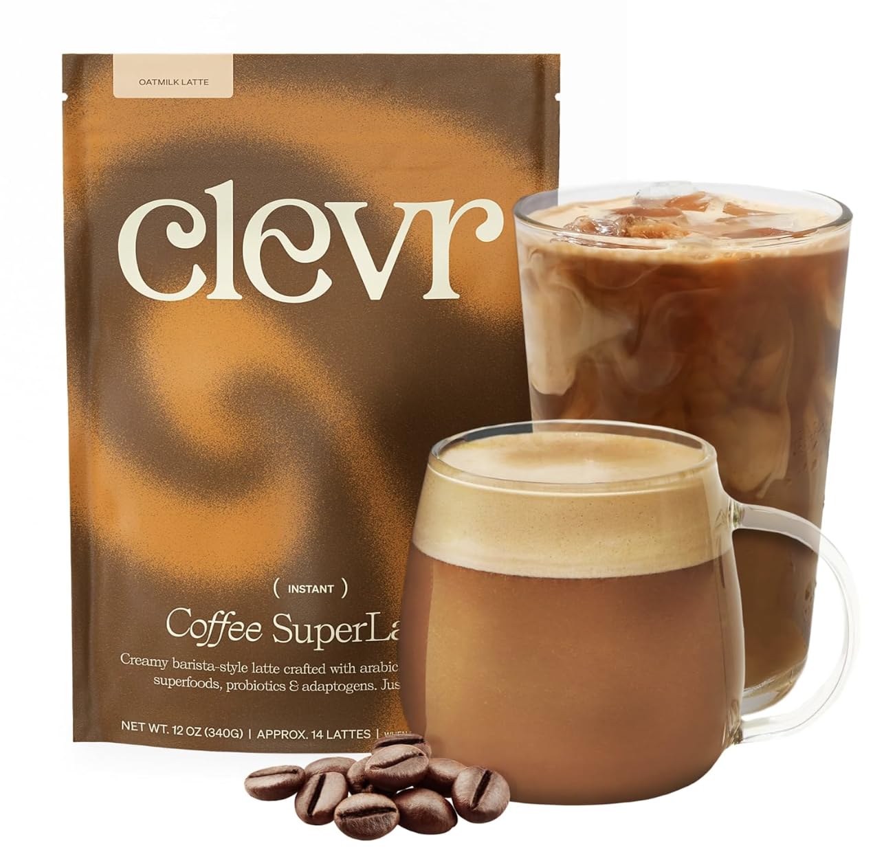 Clevr Organic Matcha Green Tea Latte, Instant Ceremonial Grade, Superfood Powder Blend with Oat Milk, Lions Mane, Reishi Mushroom, Coconut Cream, Ashwagandha, Serve Hot or Iced, (14 Lattes)