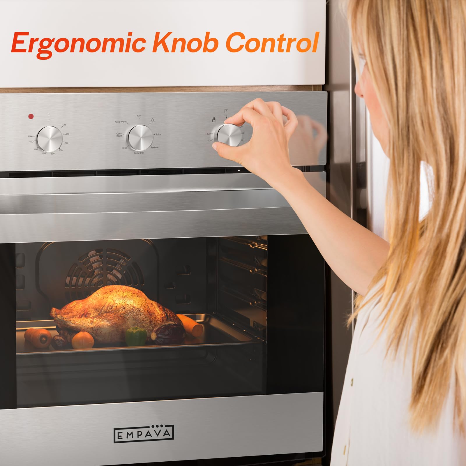 Empava 24" Electric Single Wall Oven with 6 Cooking Functions Mechanical Knobs Control in Stainless Steel