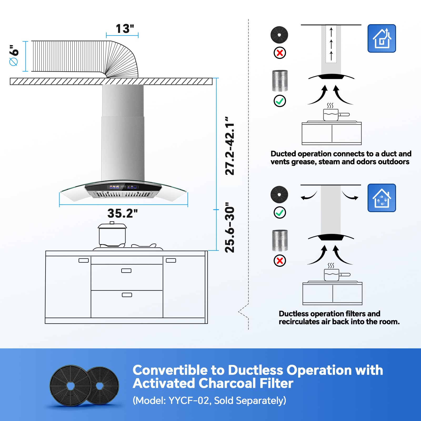 JOEAONZ Island Range Hood 30 Inch 700 CFM Gesture & Touch Control Ceiling Mount Stainless Steel Kitchen Vent Hood, Kitchen Exhaust Hood, Ducted/Ductless Convertible 3-speed Ventilation Fan Switchable