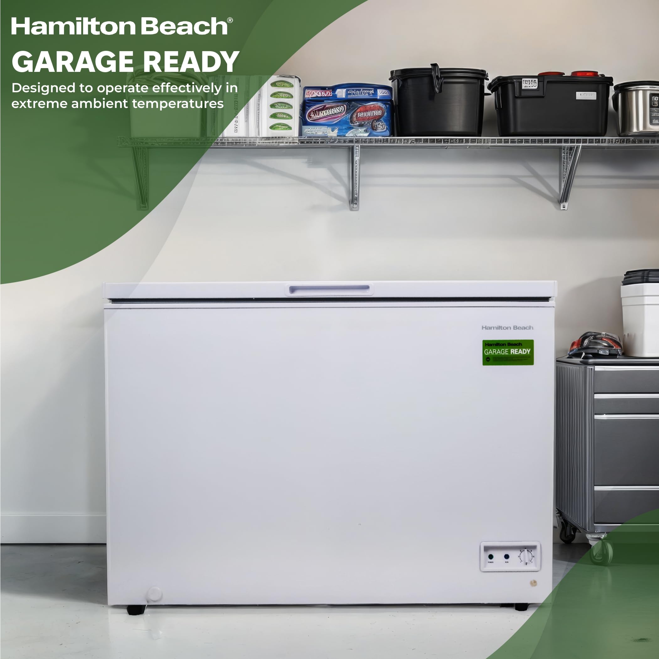 Hamilton Beach HBFRF2129 21 cu ft Double Door LID Garage-Ready Chest Freezer-White, Vinyl-Coated Baskets, Space-Saving Flat Back, Stay-Open, Front-Access Drain, for Storage, Hunting, Large Family
