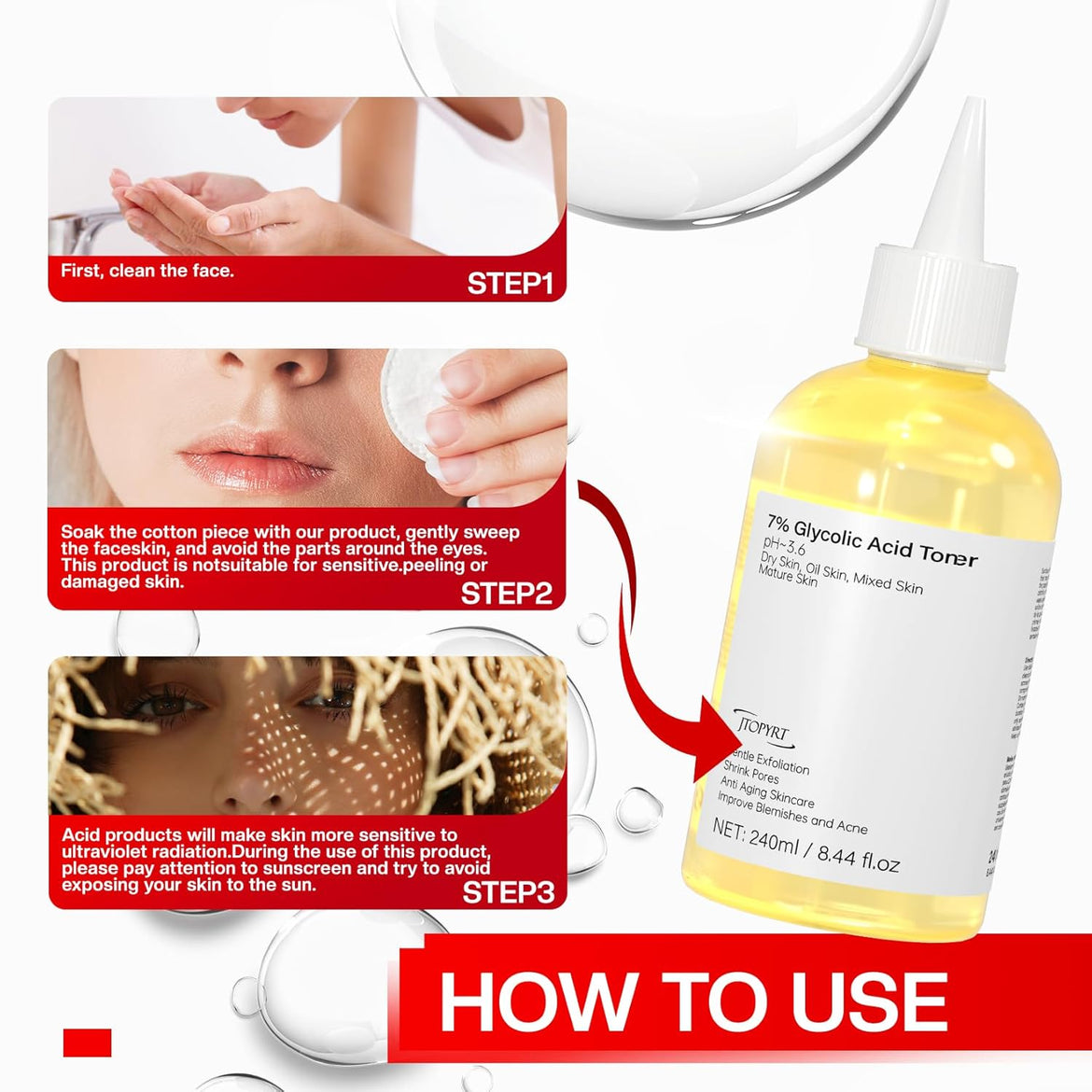 Glycolic Acid 7% Exfoliating Toner: Glycolic Acid Toner Gently Exfoliates 240ml - Toning Solution Reduces Skin Blemishes