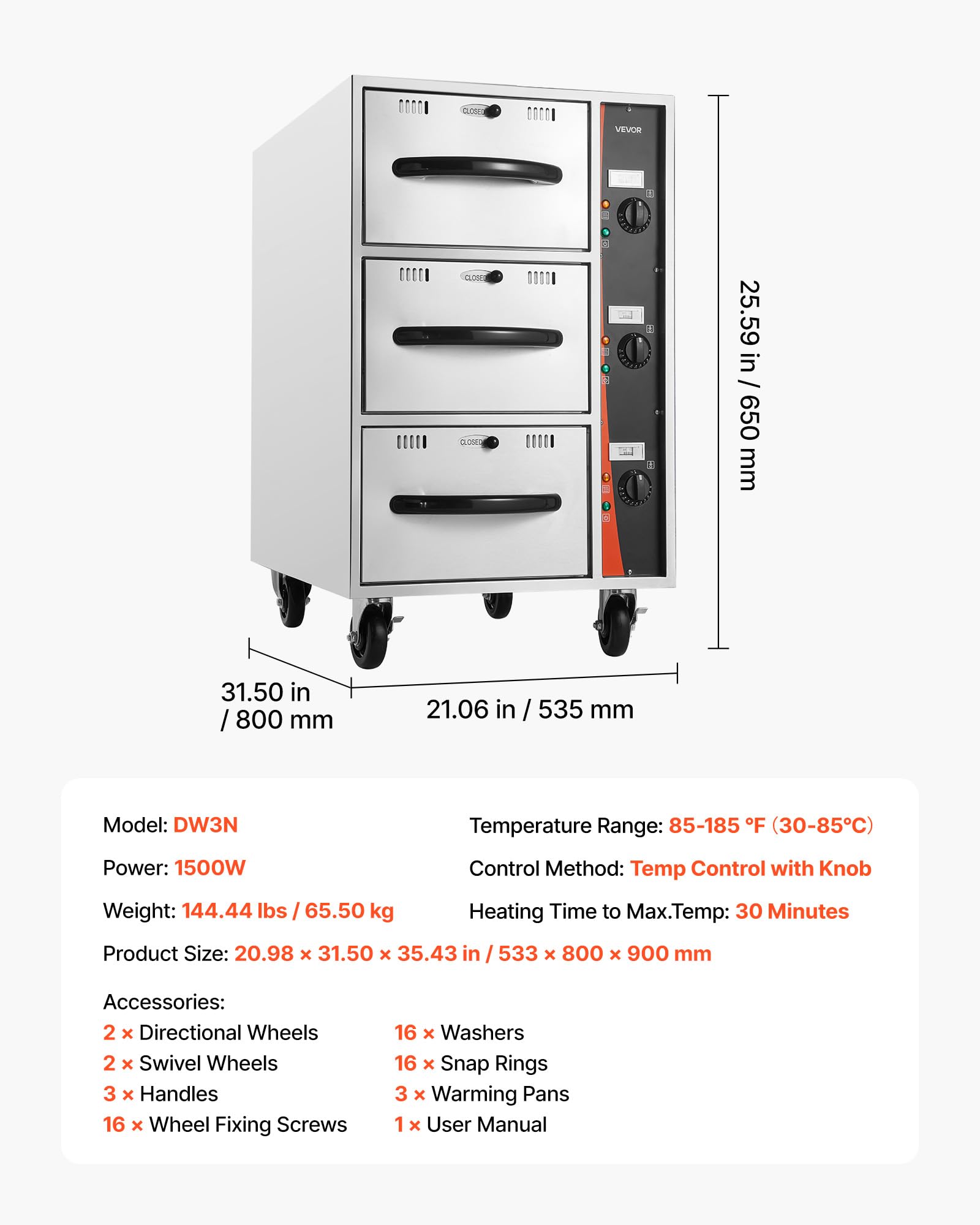 VEVOR Commercial Electric Drawer Warmer, Single-Drawer Stainless Steel Food Warmer, Freestanding Slim Warming Drawer Cabinet, 85°F–185°F Wide Temperature Range, for Restaurant, Hotel, Bakery & Kitchen