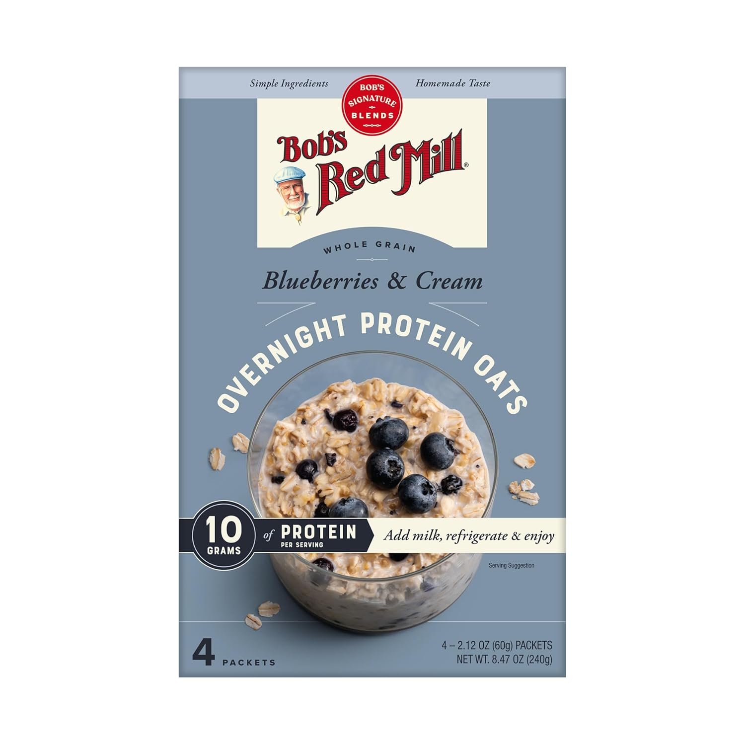 Bob's Red Mill Overnight Protein Oats, Blueberries & Cream, 16 Packets Total, Non-GMO, Gluten Free, Whole Grain