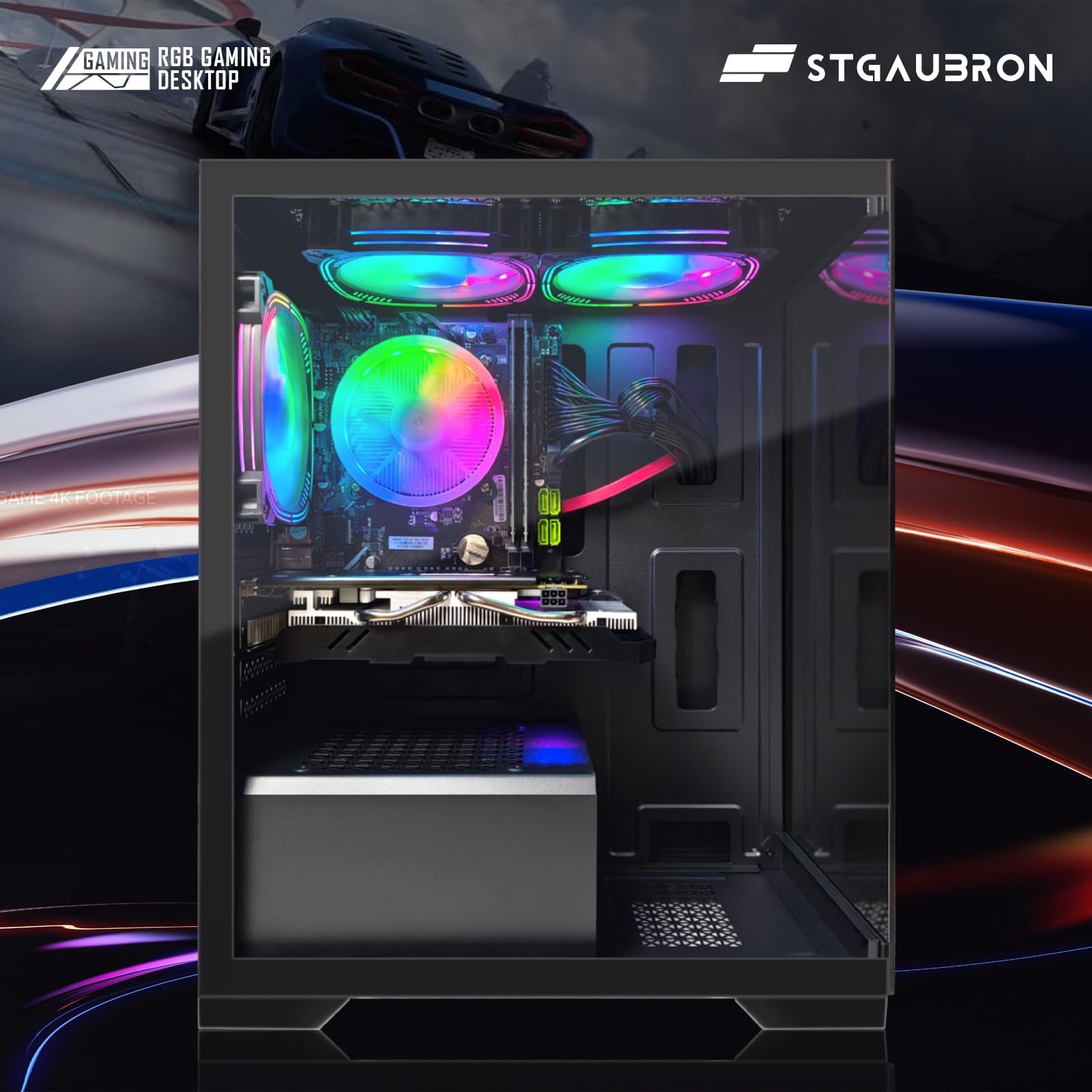 STGAubron Prebuilt Gaming PC Desktop, Radeon RX 550 4G, Intel Core i5 up to 3.6GHz, 16G RAM, 512G SSD, WiFi 6, BT 5.0, RGB Fan x2, Windows 11 Home