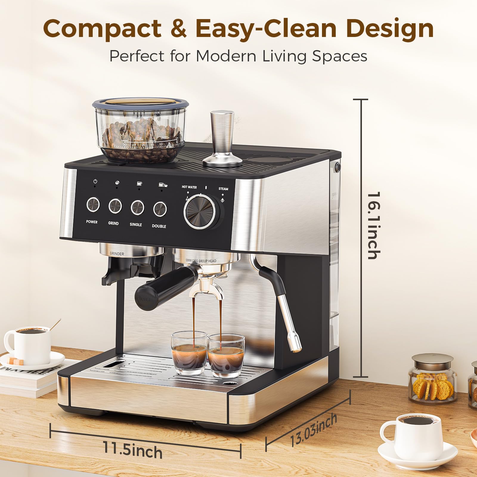 COWSAR 20 Bar Espresso Machine with Grinder & Milk Frother Steam Wand, 58mm Expresso Coffee machines, Commercial Stainless Steel Coffee Maker for Cappuccino and Latte, Perfect for Home Café-Pro