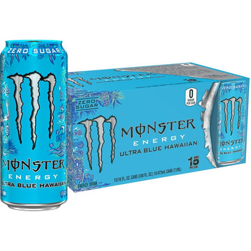 Monster Energy Ultra Blue Hawaiian, Sugar Free Energy Drink, 16 Ounce (Pack of 15)