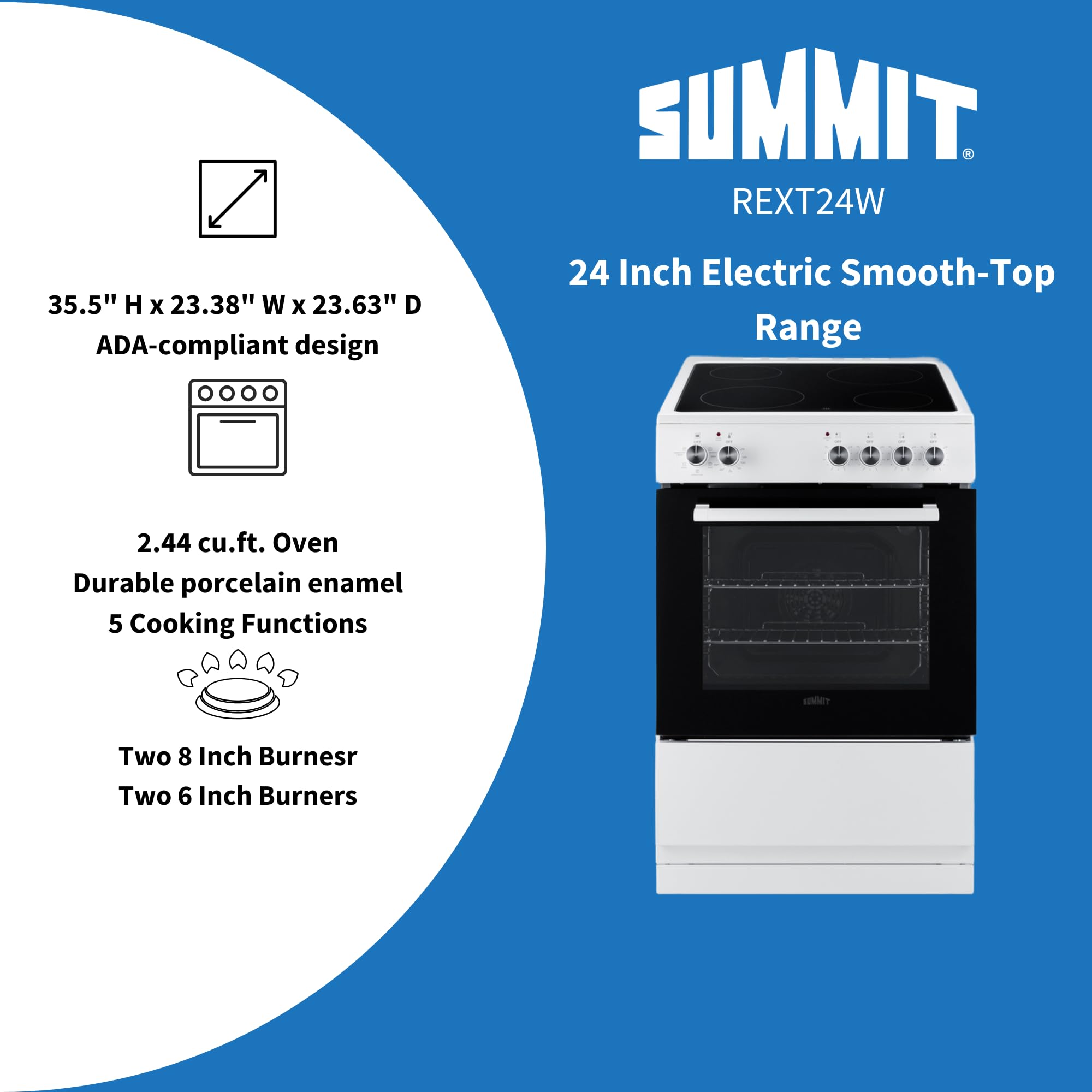 Summit 24” Electric Smooth Top Range, Large 2.44 cu.ft. oven. ADA Compliant, White- REXT24W