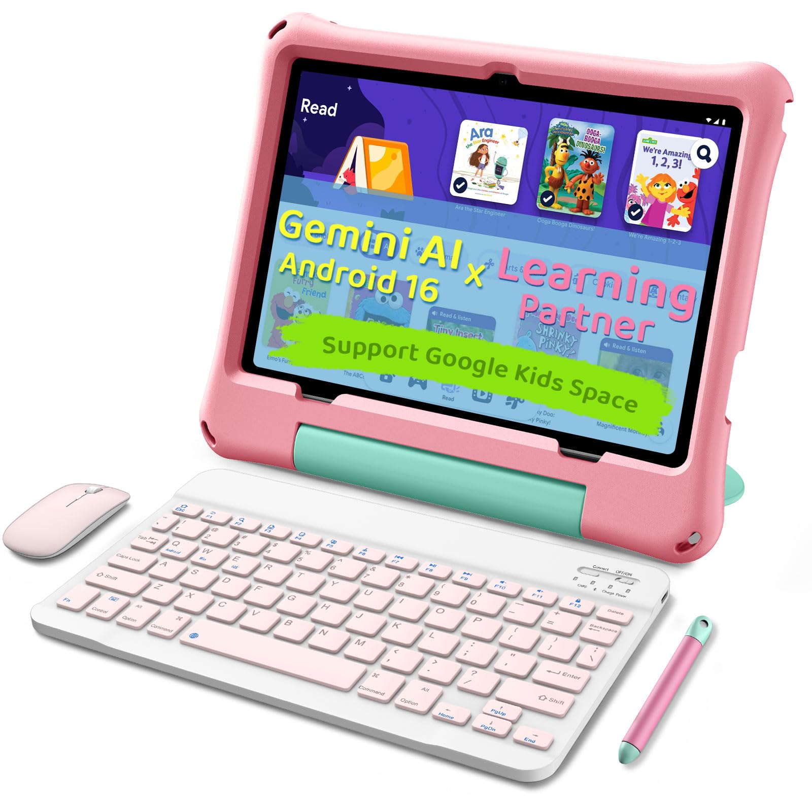 aiprotablet Kids Tablet, Android 16 Tablet for Kids 10 inch Octa-Core 2.2GHz with Case, 30GB RAM 64GB ROM, 2TB Expand, Parental Control, Dual Camera, BT, WiFi, with Keyboard Mouse Stylus, Gift (Pink)