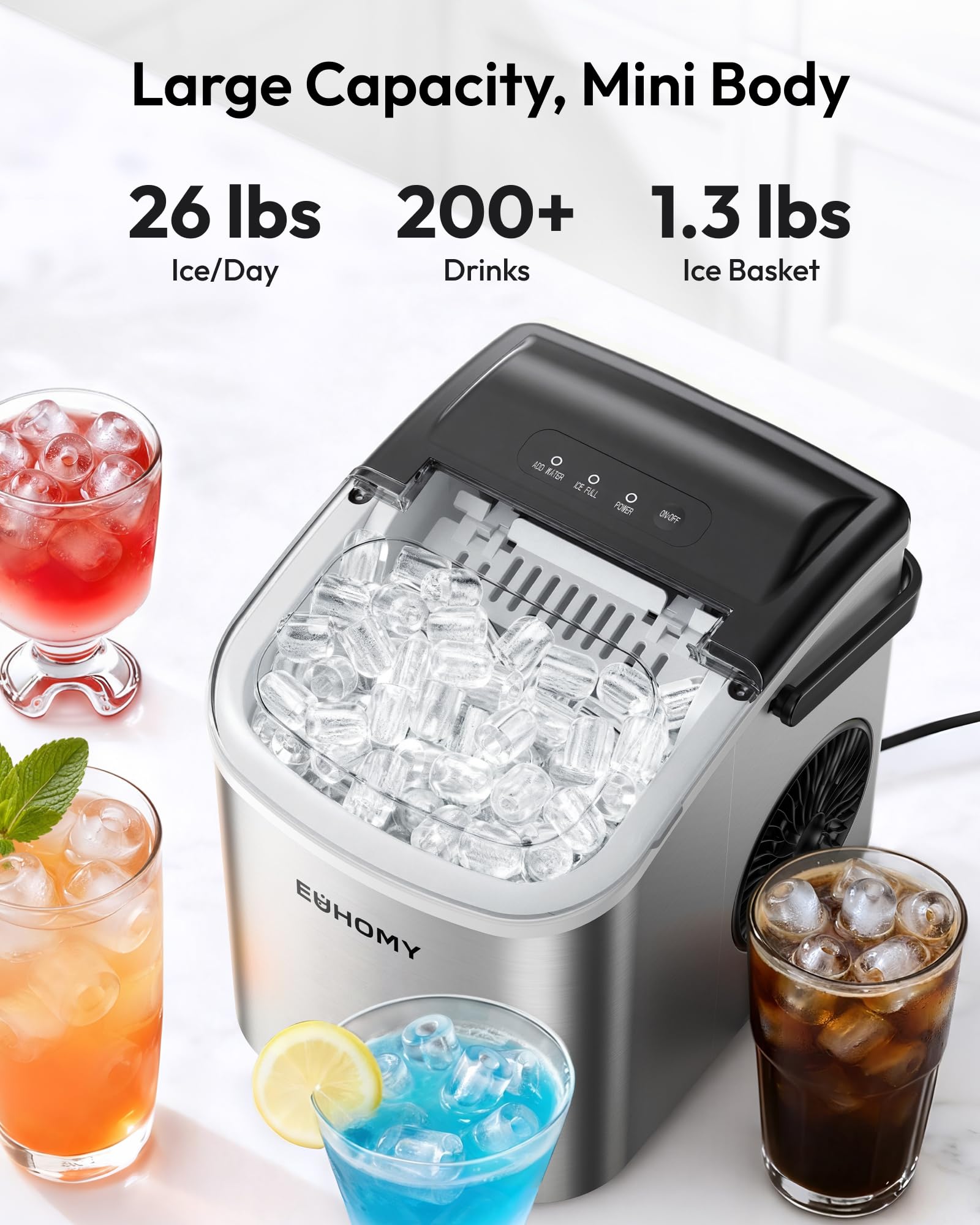 EUHOMY Countertop Ice Maker Machine with Handle, 26lbs in 24Hrs, 9 Ice Cubes Ready in 6 Mins, Auto-Cleaning Portable Ice Maker with Basket and Scoop, for Home/Kitchen/Camping/RV. (Black)