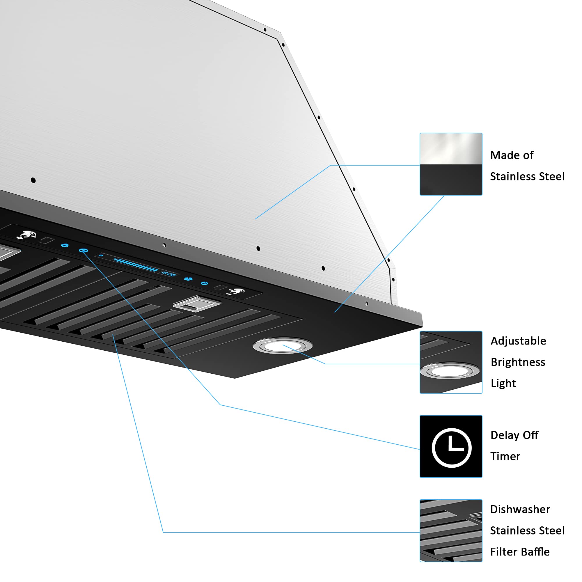 IKTCH 30 inch Built-in/Insert Range Hood 900 CFM, Ducted/Ductless Convertible Duct, Stainless Steel Kitchen Vent Hood with 4 Speed Gesture Sensing&Touch Control Panel(IKB01-30)