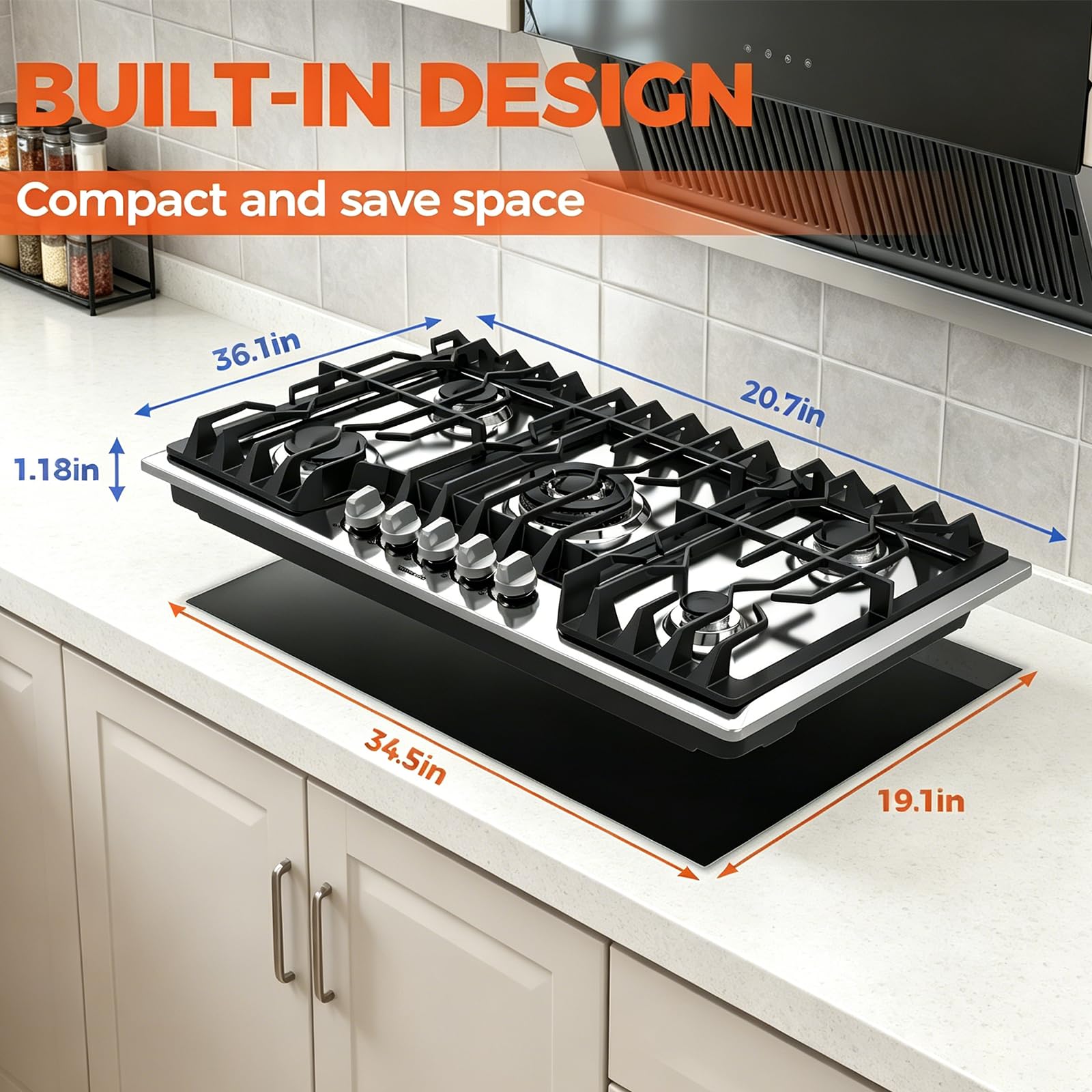TOPWISH 24 Inch Gas Cooktop, Propane Stove Top with 4 Burners 27,400 BTU, NG/LPG Convertible Built-in Stainless Steel Stovetop with Thermocouple Protection for Kitchen, Apartments, RV