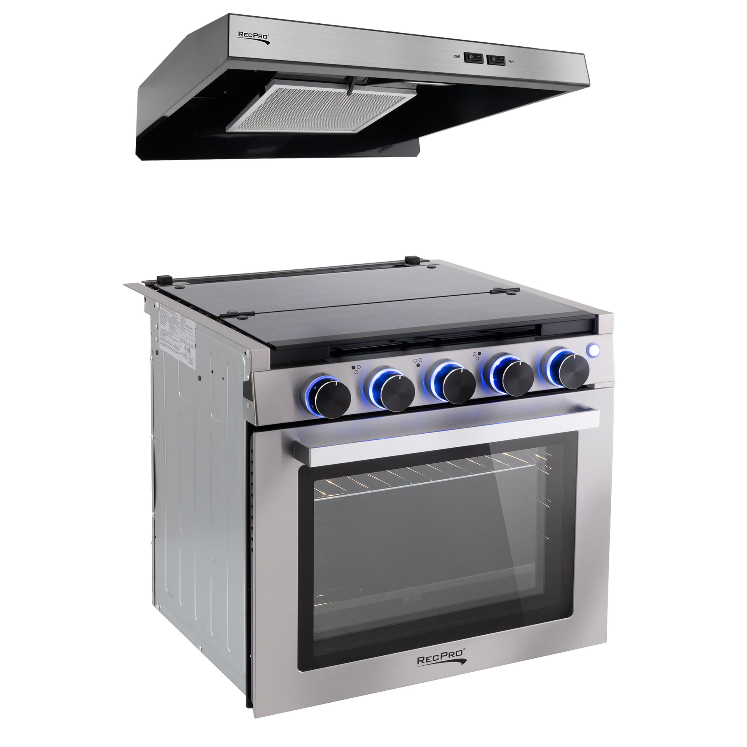 RecPro RV Stove | Gas Range 21" Tall | Optional Vented Range Hood | 3 Burner | 1.8 Cu. Ft | 7100 BTU | Black or Silver Color Options (Silver, No Vented Range Hood)