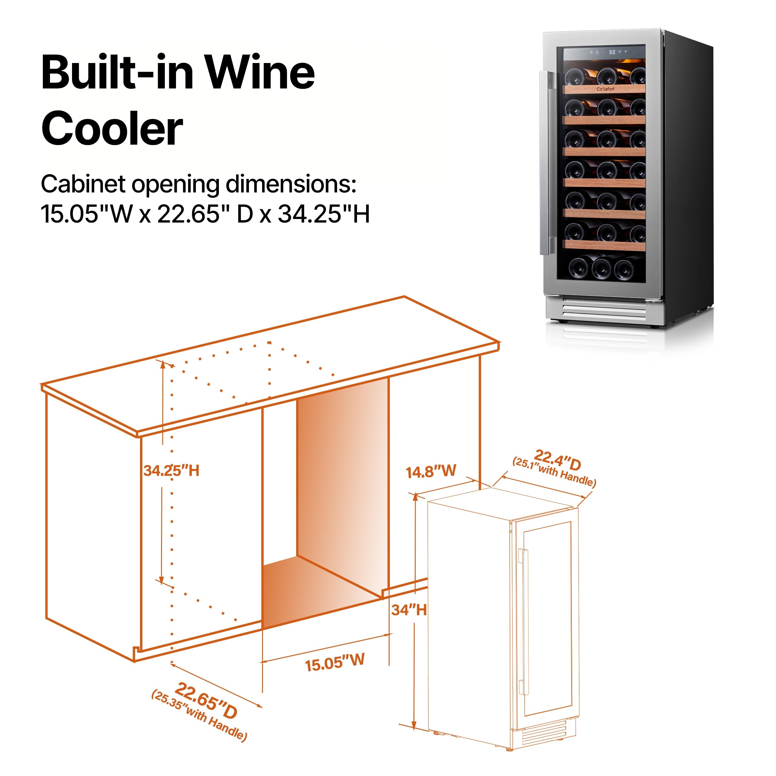 Ca'Lefort 15 Inch Wine Fridge, 33 Bottle Wine Cooler Refrigerator, 40-65°F Wine Refrigerator Glass Door, 3 LED Wine Fridge, Built-in or Freestanding Fridge for Home/Bar/Kitchen (3.0 cu.ft)