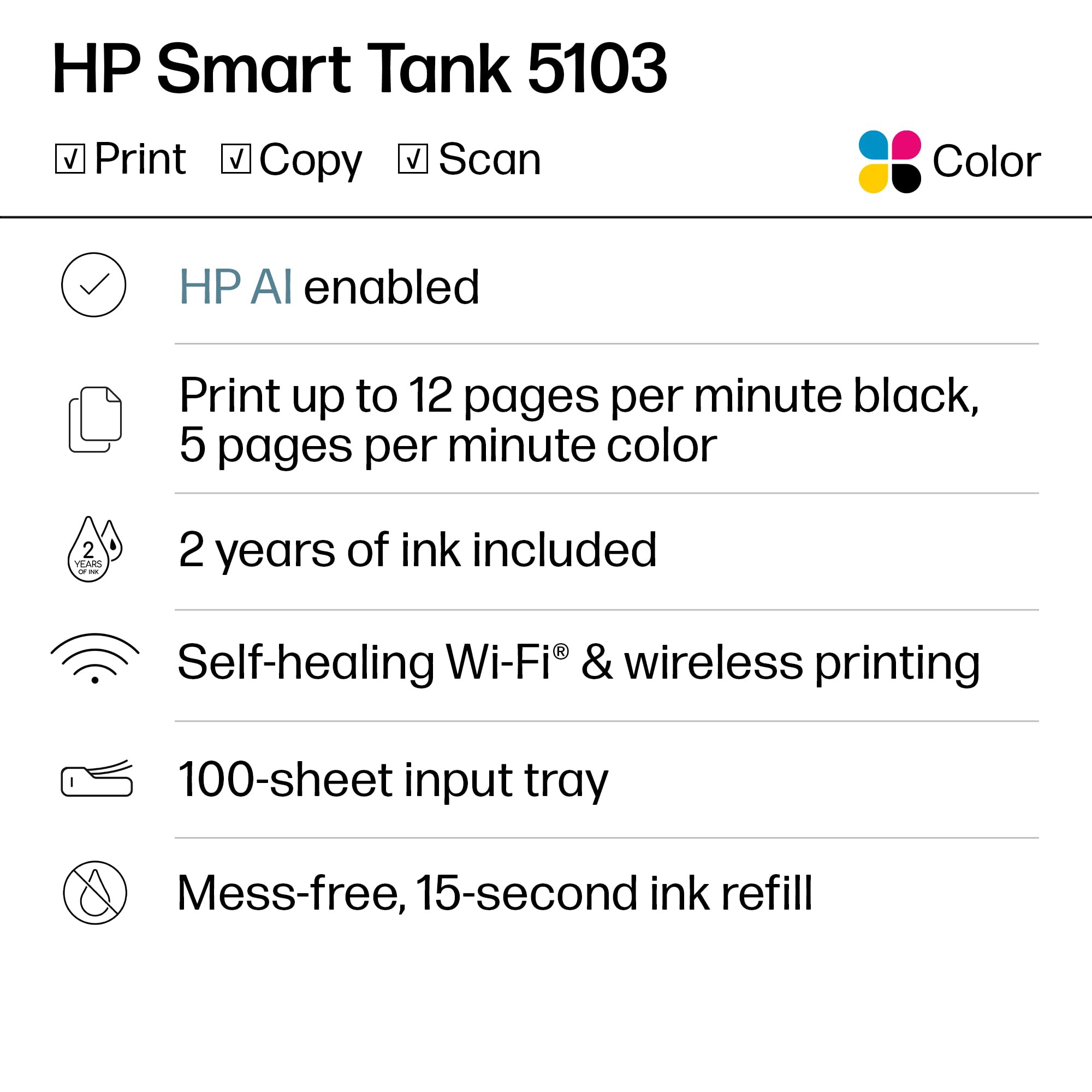 HP Smart Tank 5101 Wireless All-in-One Refillable Printer, Scanner, Copier with 2 Years of Ink Included, Wireless (2.4ghz only) Printer-for-Home use (1F3Y0A)