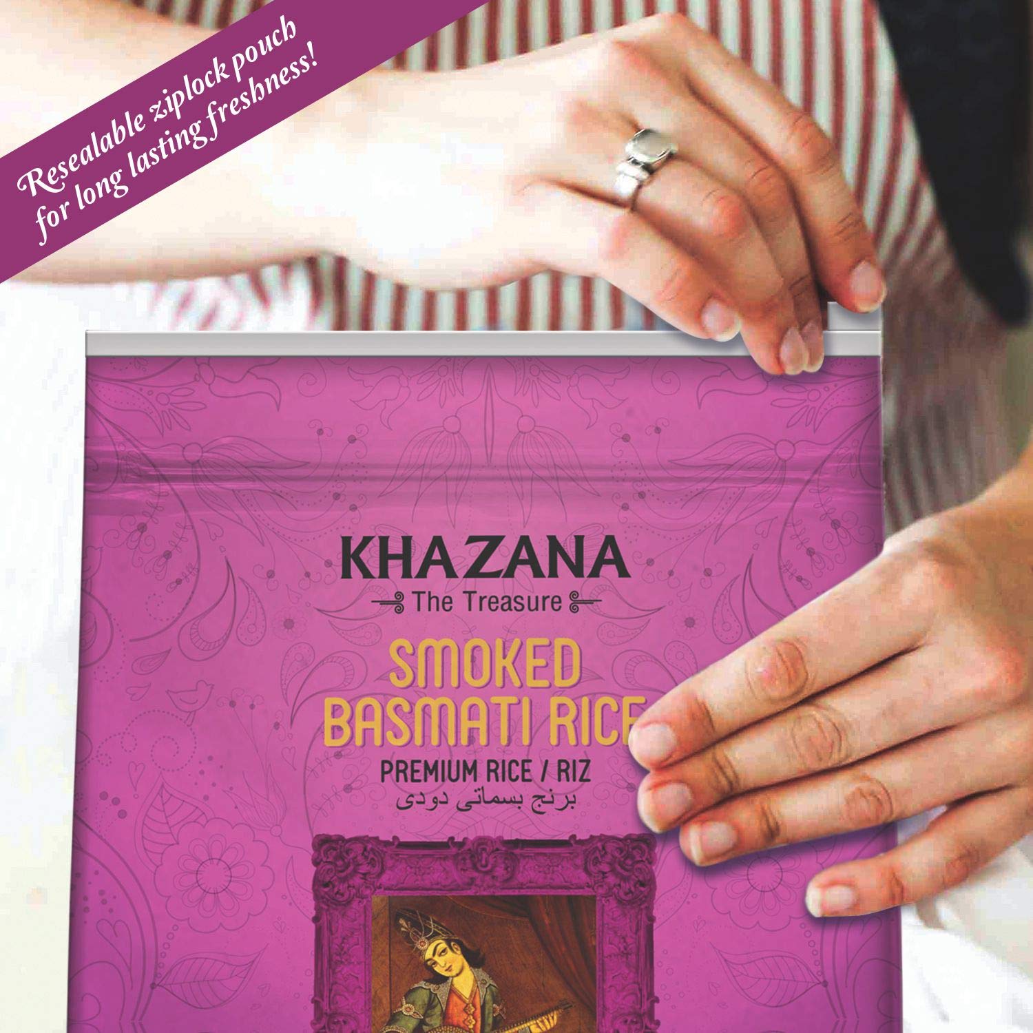 Authentic Smoked Basmati Rice by Khazana in 10 lb Bag - Aromatic and Flavorful Indian Grain - Non-GMO, Gluten Free, Kosher, Cholesterol Free