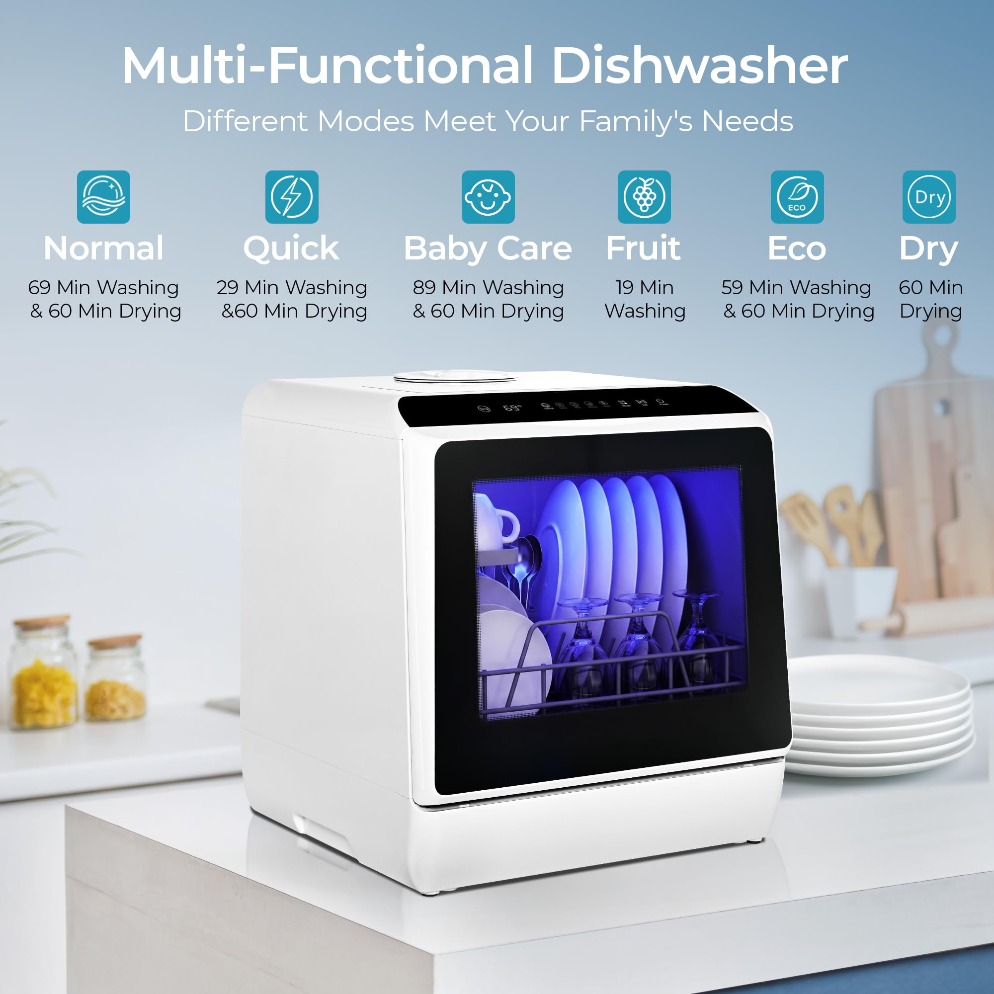 EUHOMY 6 Programs Countertop Dishwasher, Portable Dishwasher with 5L Built-in Water Tank & Inlet Hose, Mini Dishwasher for Apartments and RVs, High-Temp & Air-Dry Function, No Hookup Needed, Black