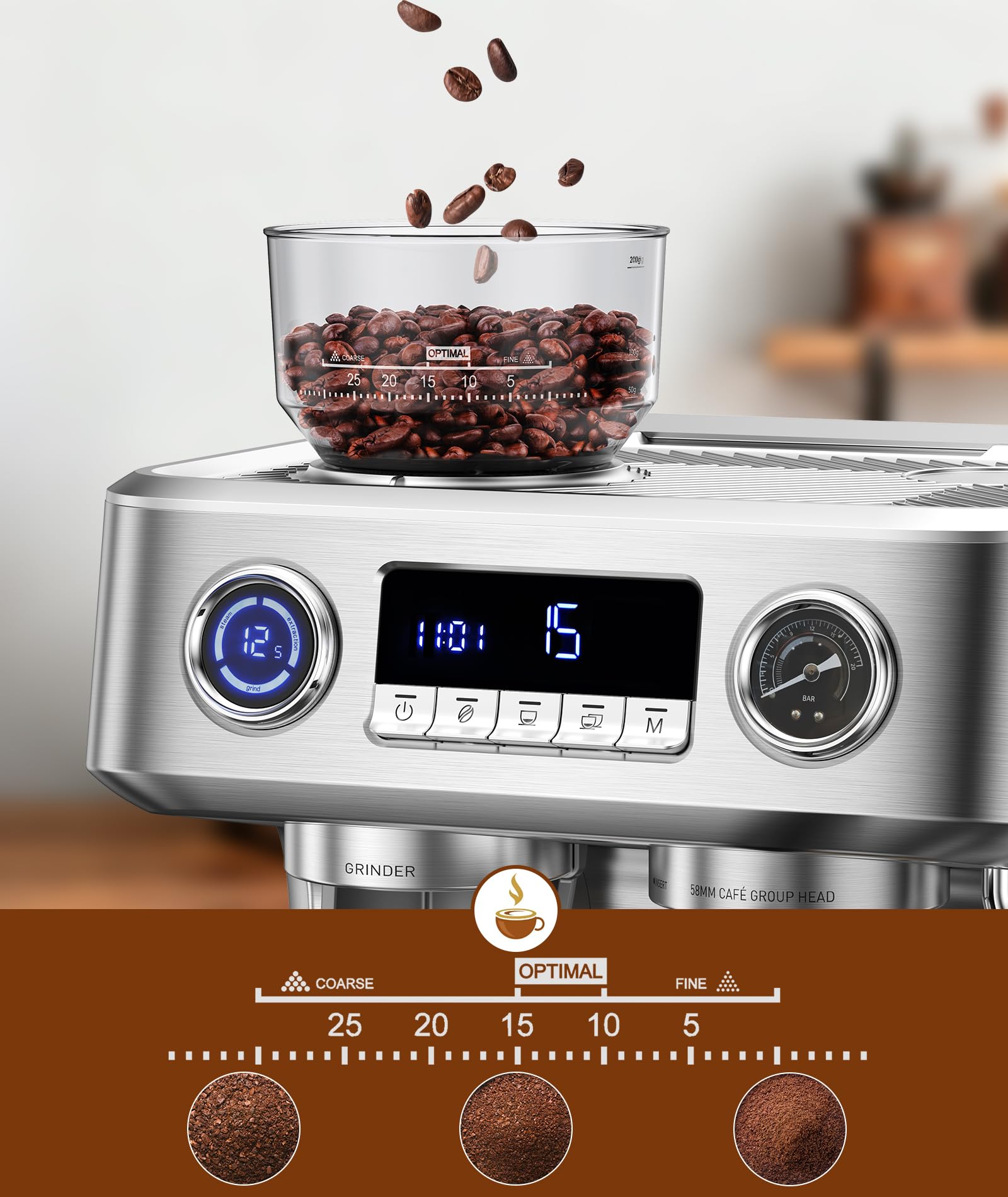 COWSAR 20 Bar Espresso Machine with Grinder & Milk Frother Steam Wand, 58mm Expresso Coffee machines, Commercial Stainless Steel Coffee Maker for Cappuccino and Latte, Perfect for Home Café-Pro