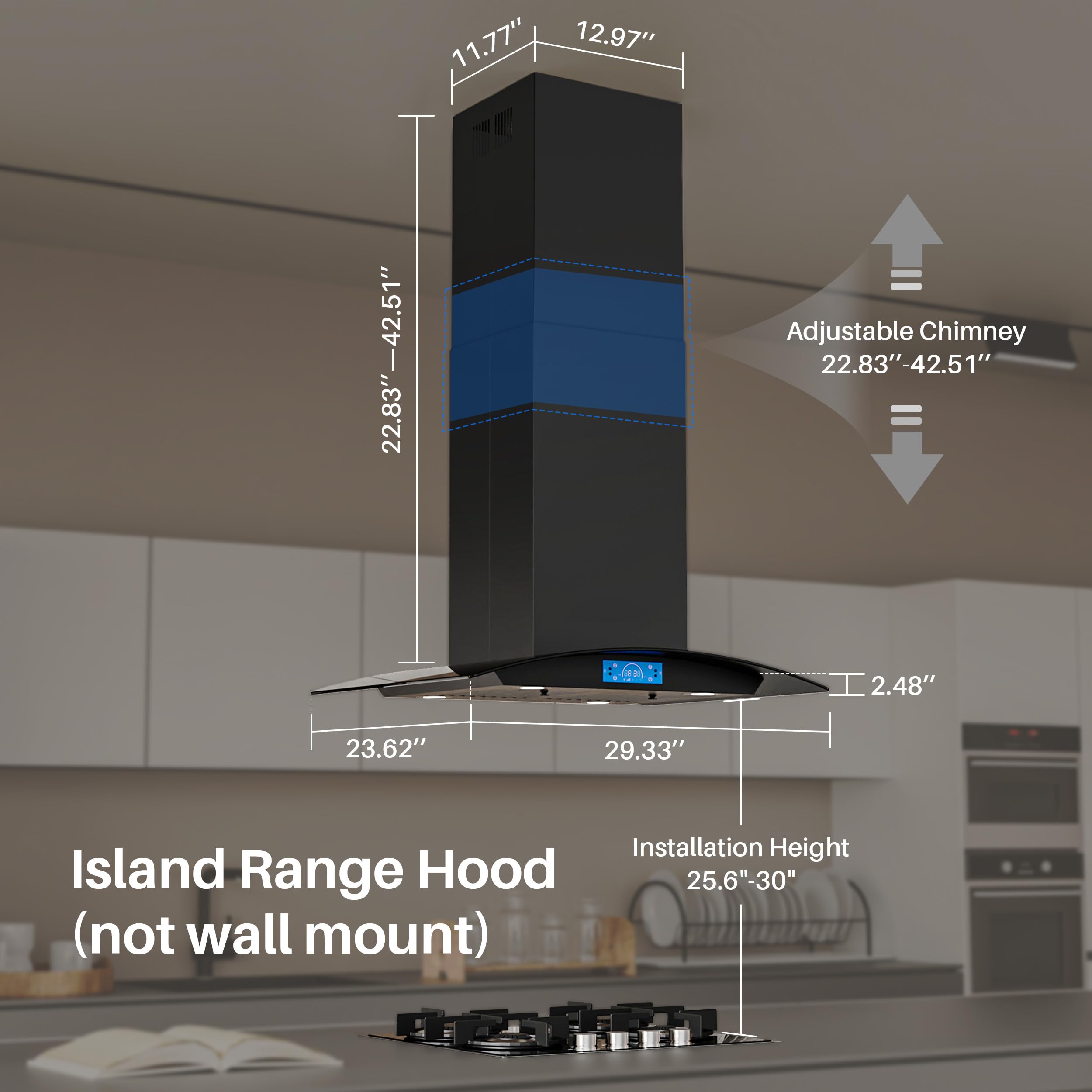 FIREGAS Island Range Hood 30 inch 700 CFM with Chimney, Ceiling Mount Kitchen Vent Hood with Tempered Glass, 4 LED Lights, Permanent Filters, Premium Touch Control Panel, Includes Charcoal Filter
