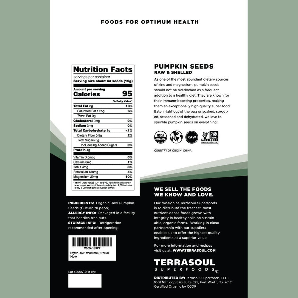 Terrasoul Superfoods Organic Pumpkin Seeds, 2 Lbs - Premium Quality, Shelled, Raw, Unsalted